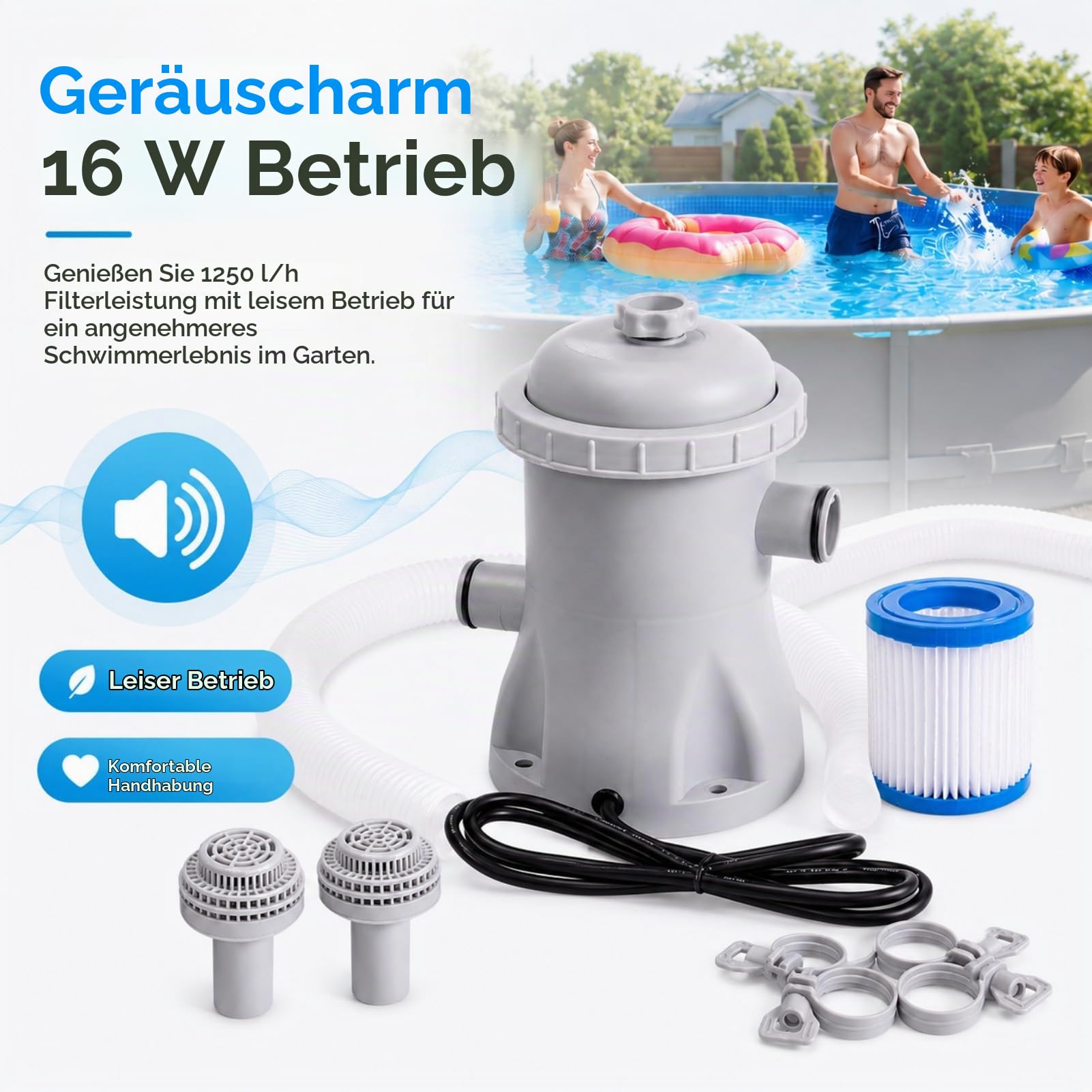 330 GPH Pool Filterpumpe oberirdisch, 16W Pool Filterpumpe Komplettset mit Schlauch - Klare Wasserzirkulation, leise versiegeltes ABS-Design für kleine bis mittlere Pools