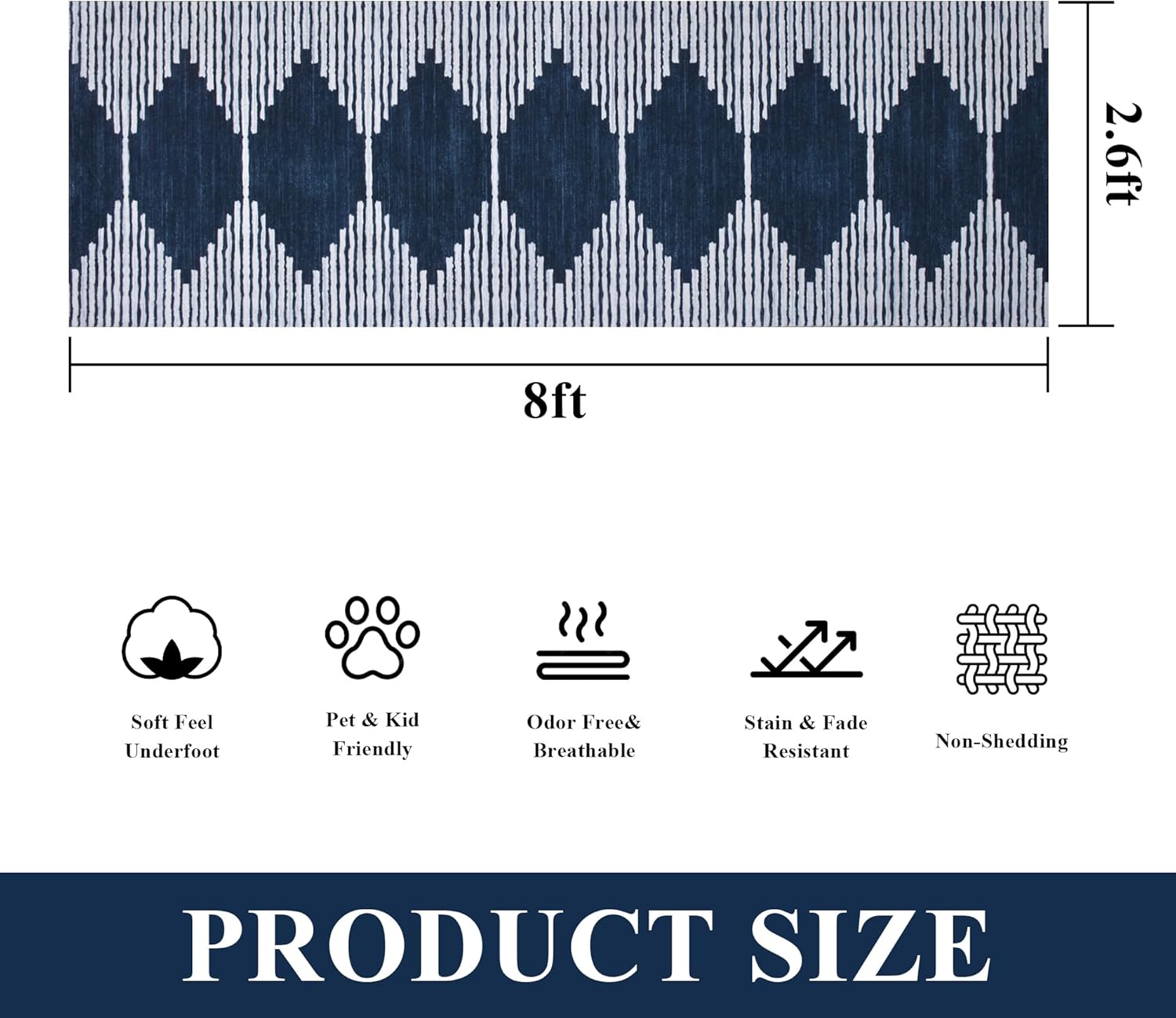 HelloTree Hallway Runner Rug，2.6x8 Moroccan Modern Stripe Carpet Washable Machine Bathroom Runner Bohemian Design Modern Soft Non Slip Indoor Rug for Entryway Hallway Laundry Room Bedroom-Blue