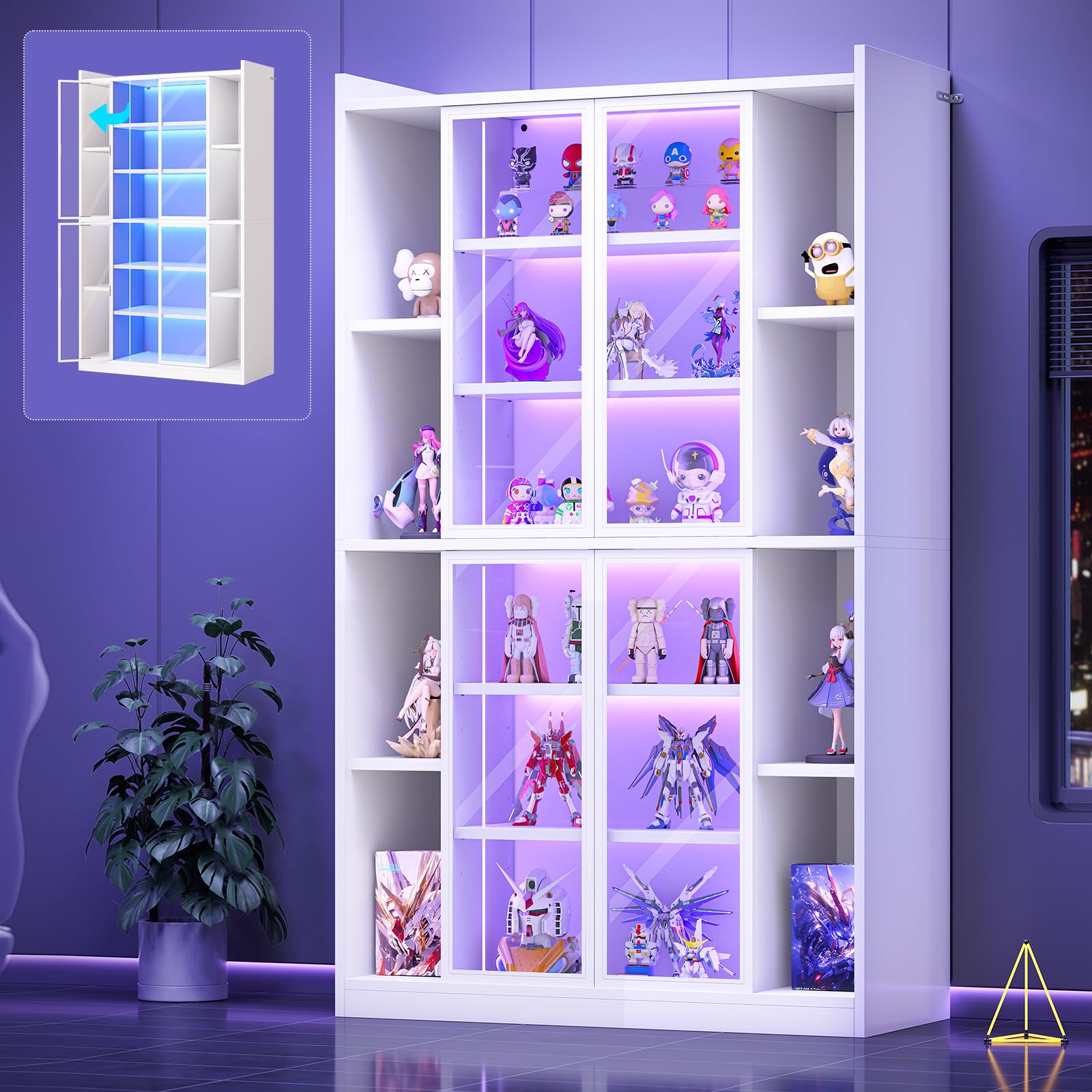 SEDETA 71" Display Cabinet with Acrylic Glass Doors, 6 Tier Curio Cabinet with LED Lights, Tall Bookcase with Adjustable Shelves, Display Cases for Collectibles, Bedroom, Living Room, Office, White