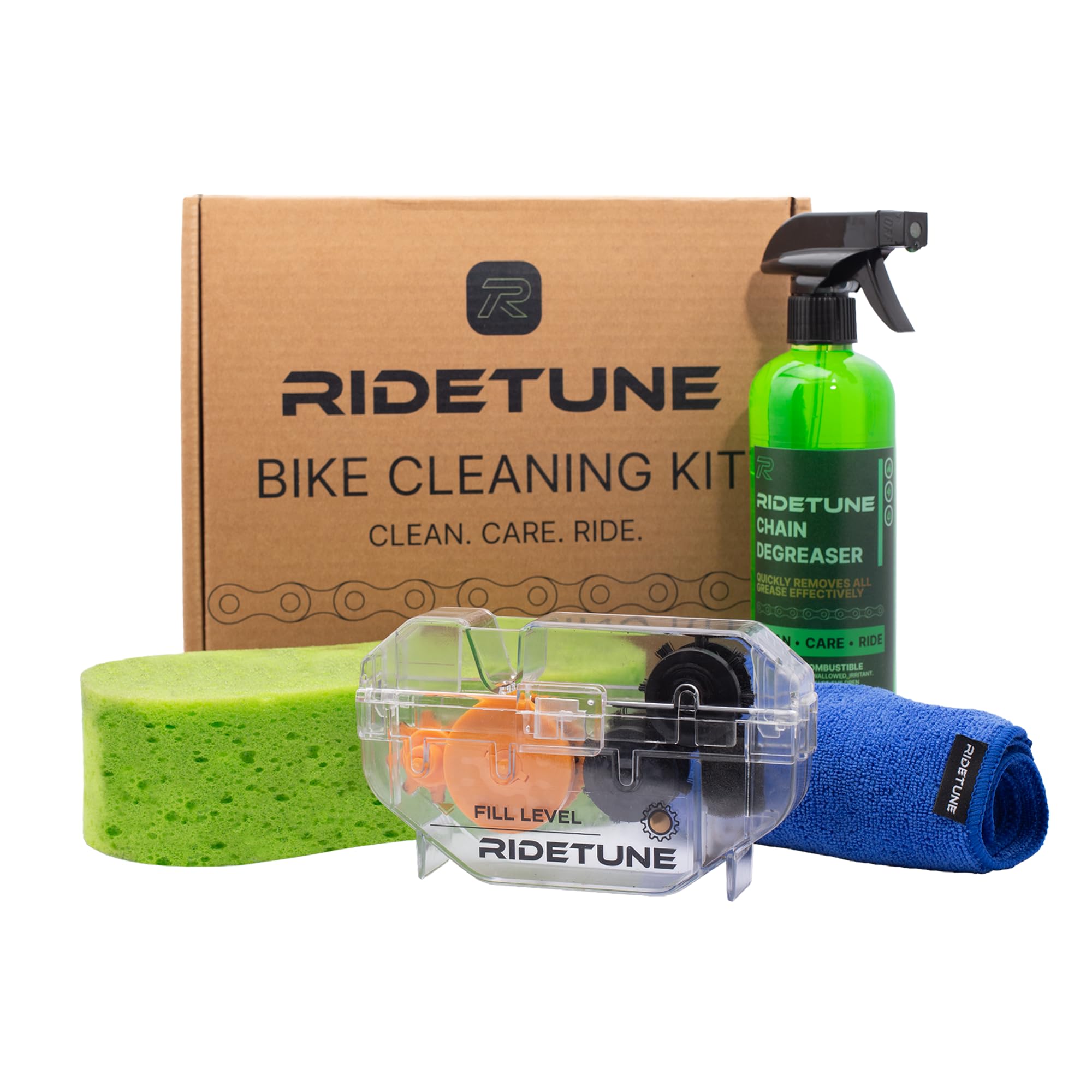 Bike Chain Cleaner Kit - 4-Piece Bicycle Chain Cleaning Tool with 500ML Biodegradable Degreaser, Microfiber Cloths & Sponge for Road, MTB, Gravel & E-Bike Drivetrain Maintenance
