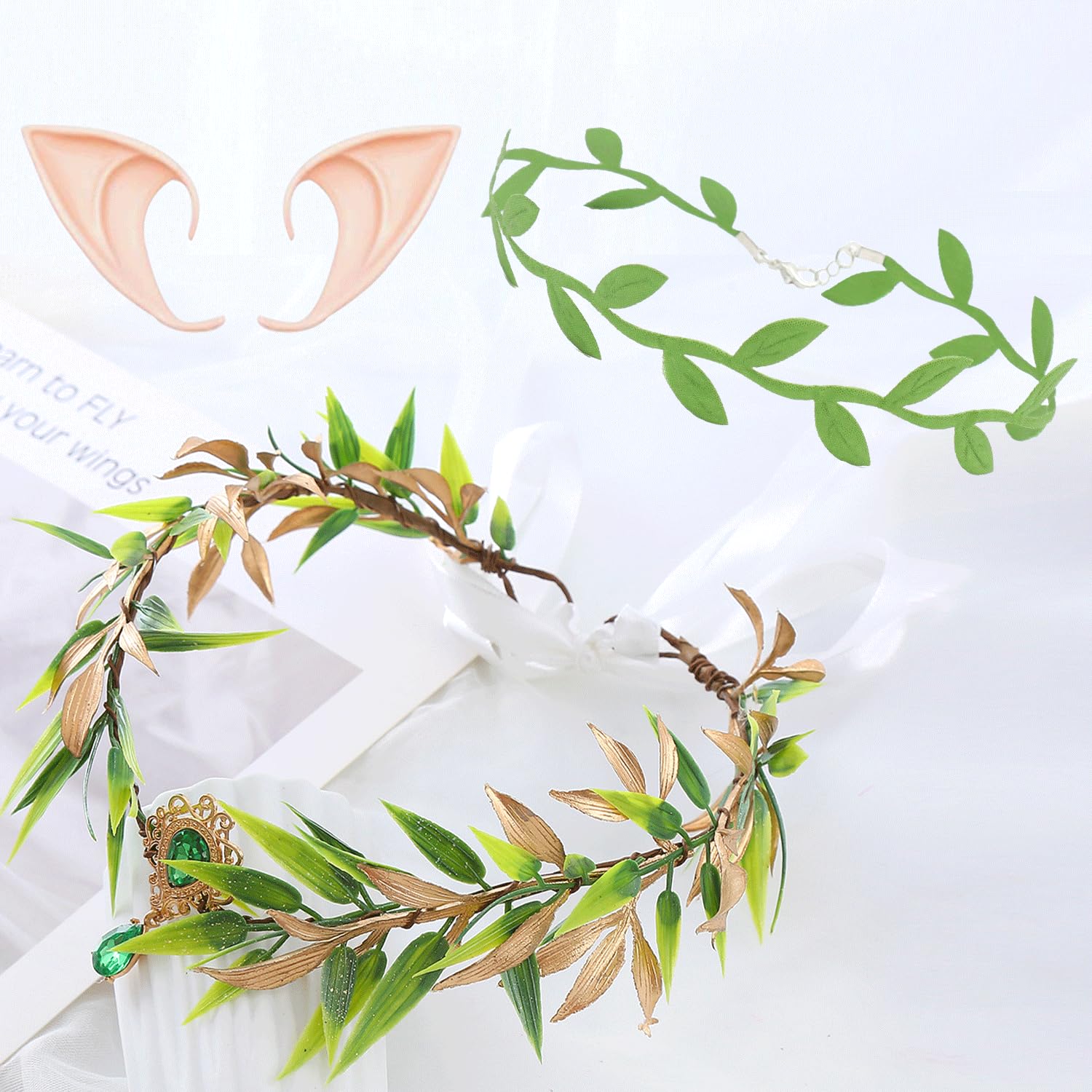 AOVNA 3Pcs Elf Accessories Fairy Stone Necklace Green Leaves Choker Elf Ear Cuff for Fantasy Renaissance Fairy Costume Cosplay - Image 3