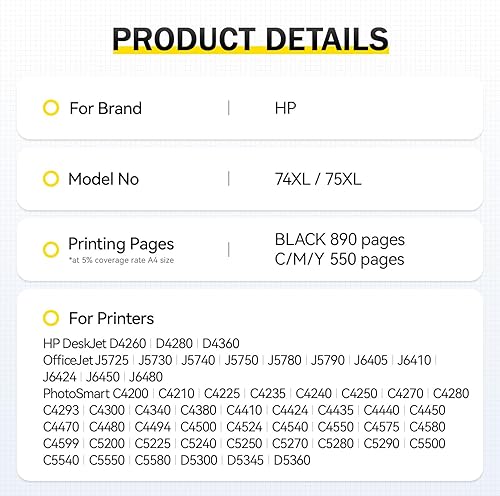 Miniatura 5 de 74XL 75XL Cartucho de tinta remanufacturado de repuesto para HP74 HP75 Combo Pack funciona con impresora c4480 c4280 c5280 c5550 J6480 J5780 D4360