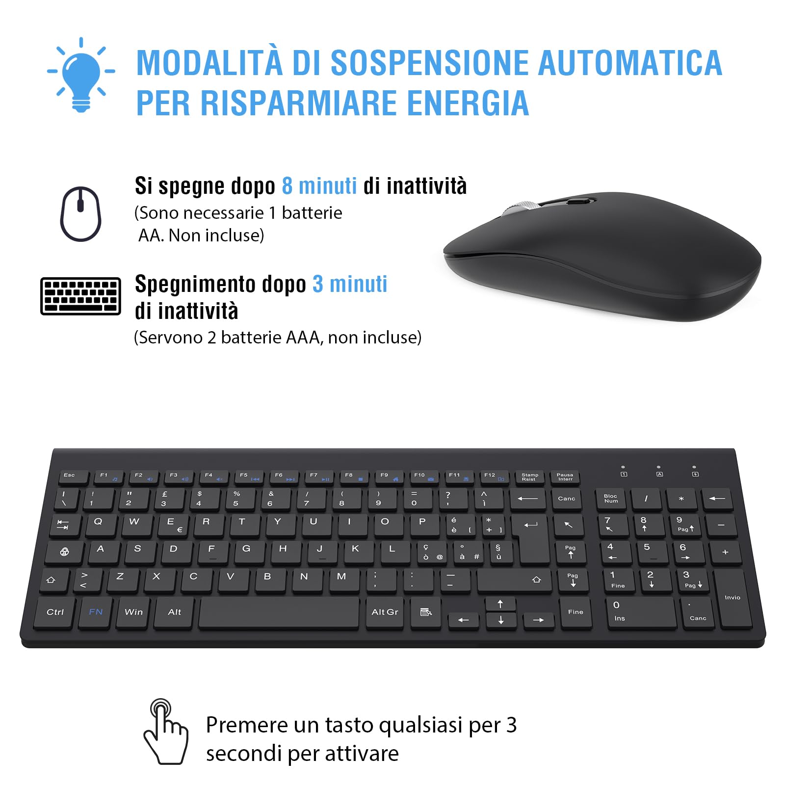 Tastiera e Mouse Wireless, Layout Italiano QWERTY, cimetech Tastiera Ultra-Sottile ‎Ergonomico Full-Size 2.4Ghz Wireless Mouse Tastiera Numerico con Ricevitore Nano per PC/Laptop/Win7/Win8/Win10-Nero