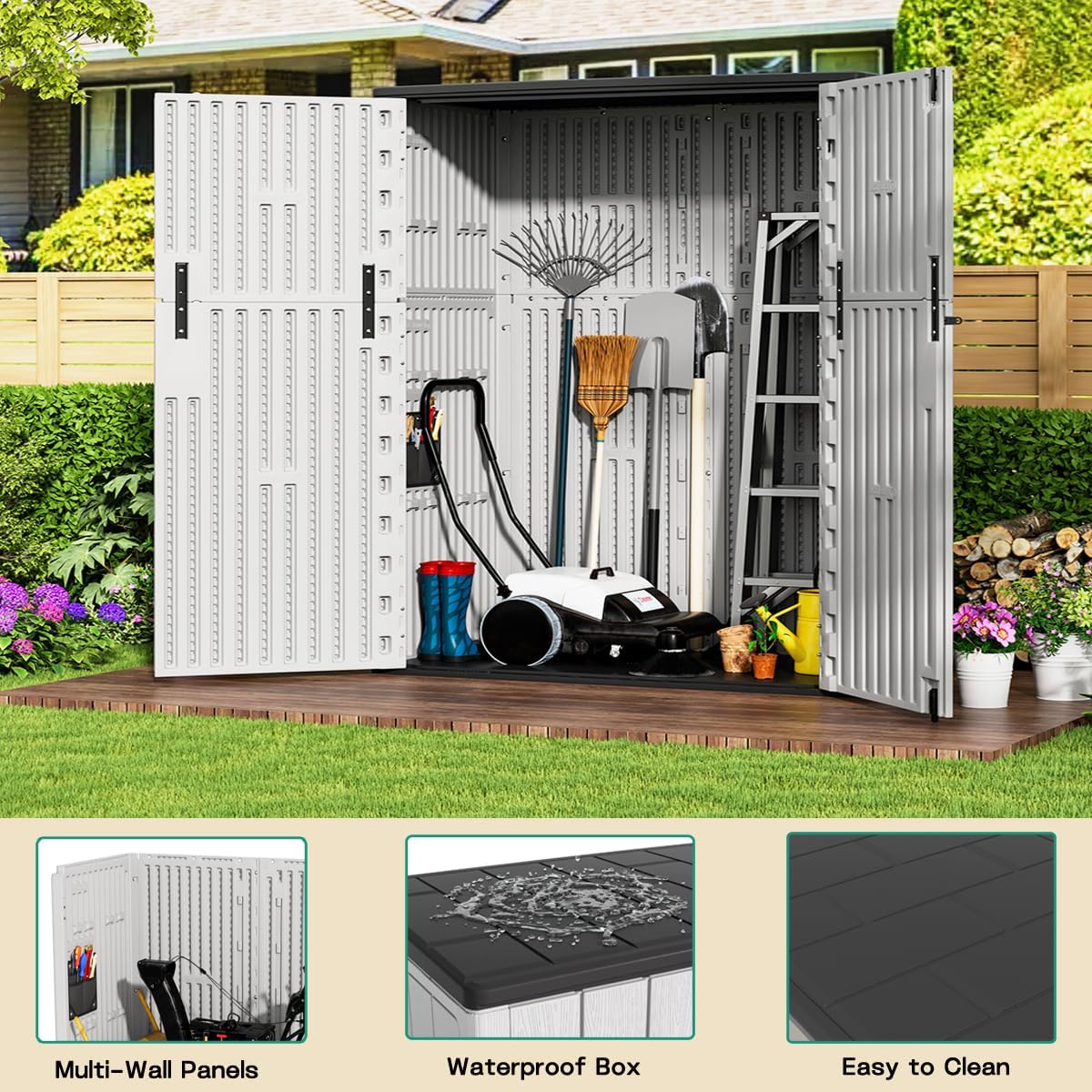 Interior view of KINYING storage shed with garden tools