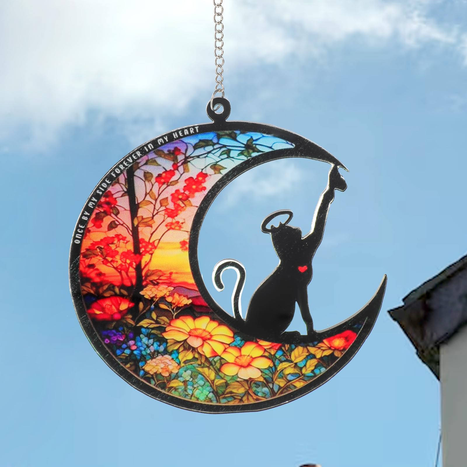 YUXIANLB Personalized Cat Memorial Gifts for Loss of Cats Custom Sympathy Suncatcher with Name Date Pet Remembrance Gift for Cat Lovers Moon Hanging Ornament for Window Christmas Decor Pet Keepsake