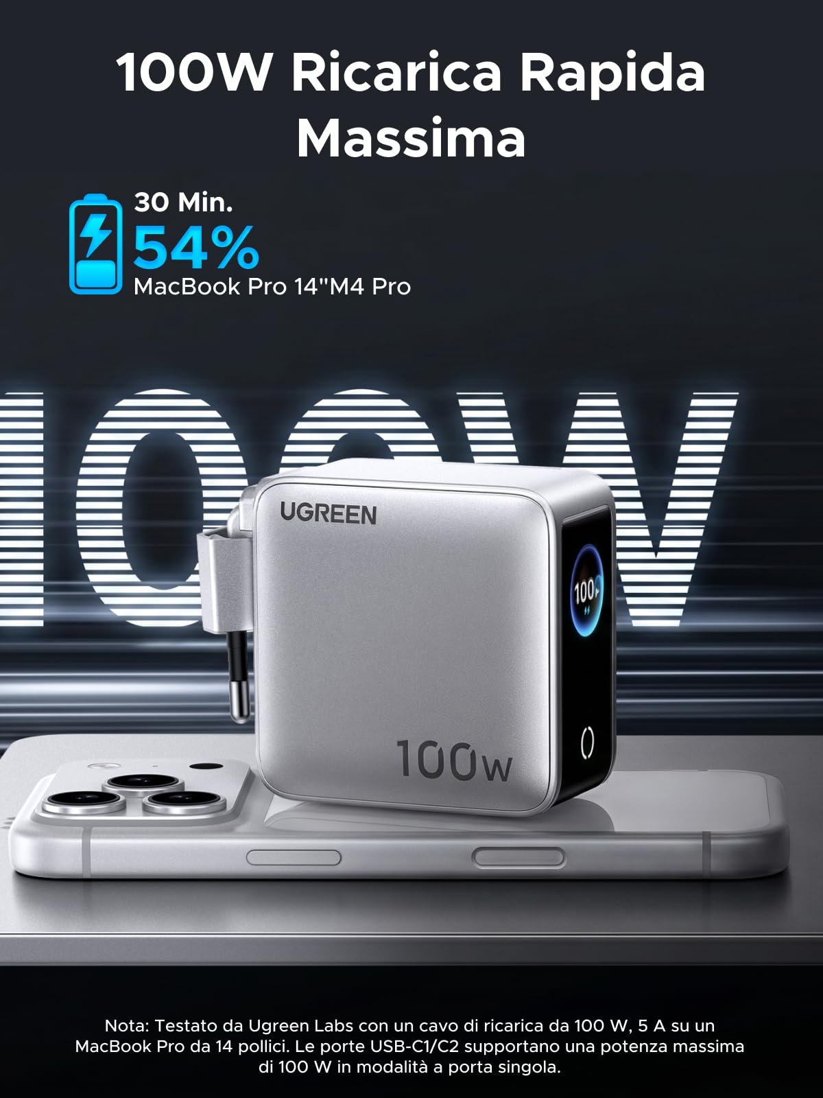 UGREEN Nexode Pro 100W Caricatore USB C Ricarica Rapido Schermo TFT | 4 Porte, PD 3.0, PPS 45W, Compatibile con Galaxy S26/ S25 Ultra MacBook iPad, iPhone 17 Pro Max Air 16 15 14 13 Steam Deck