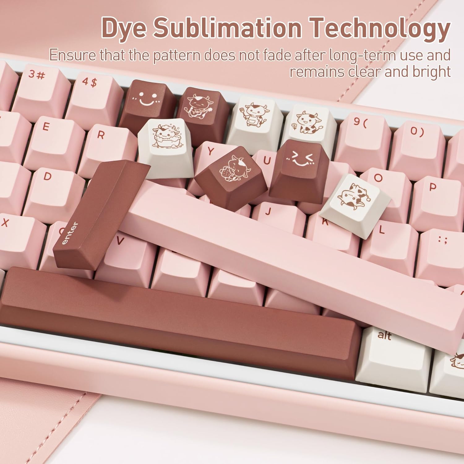 Milk Strawberry Cute Pink Keycaps - 134 Keys PBT Dye-Sublimation Keycaps, Cherry Profile - Kawaii Cow & Milk Cartoon Illustrations, Compatible with 60% 65% 75% 80% 100% Mechanical Keyboards