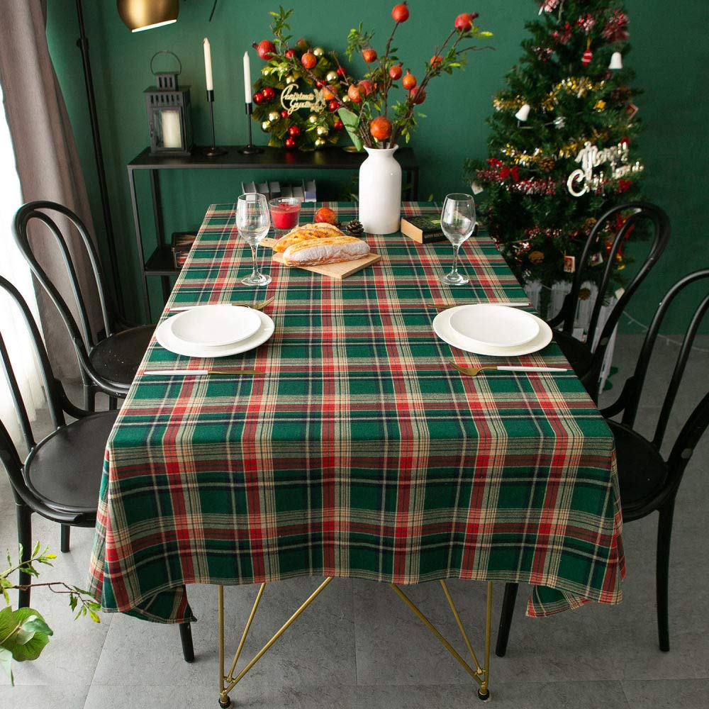 Nappe de Noël ronde 100 cm en coton épais vert à carreaux rétro