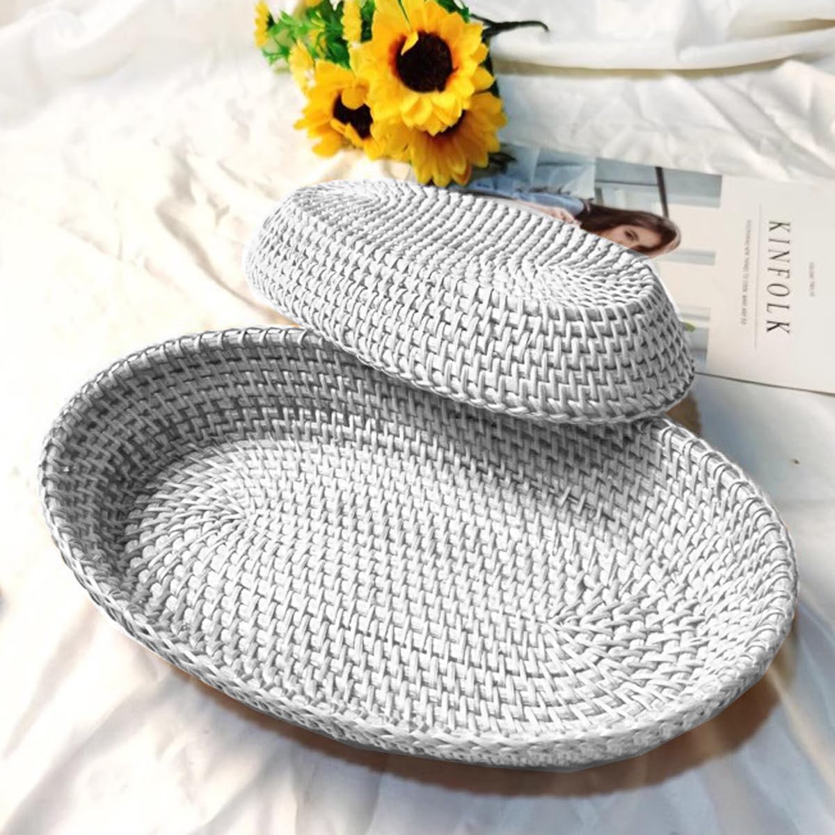 i-lan Cesta para servir pan de ratán tejido blanco lavado, cuenco ovalado de mimbre natural, cesta decorativa de almacenamiento de alimentos para pan, aperitivos, dulces, frutas (S: 10 pulgadas)
