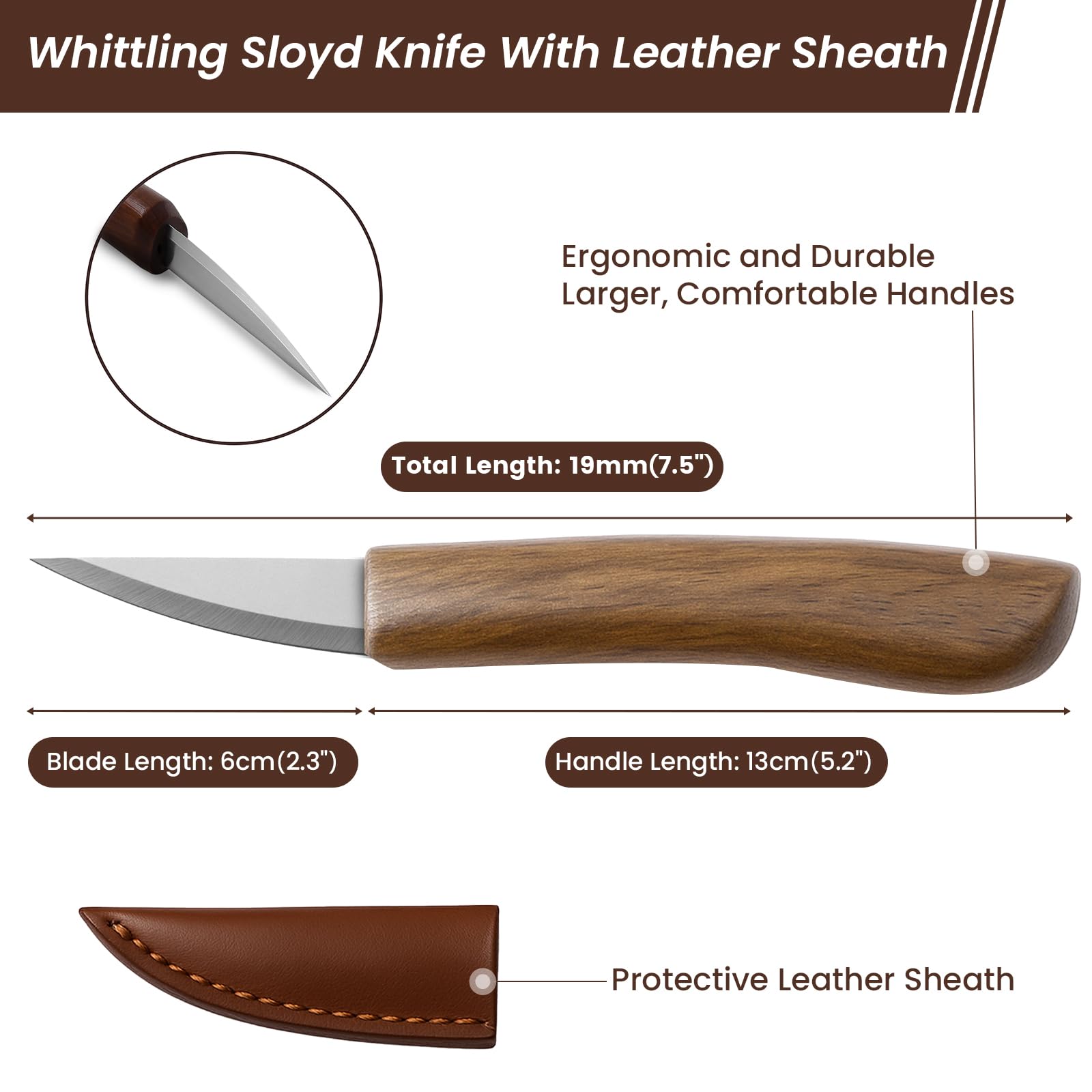 Coltello da intaglio in legno per principianti, con fodero in pelle, per adulti, professionisti e appassionati di intaglio del legno, strumenti di sicurezza per la lavorazione del legno