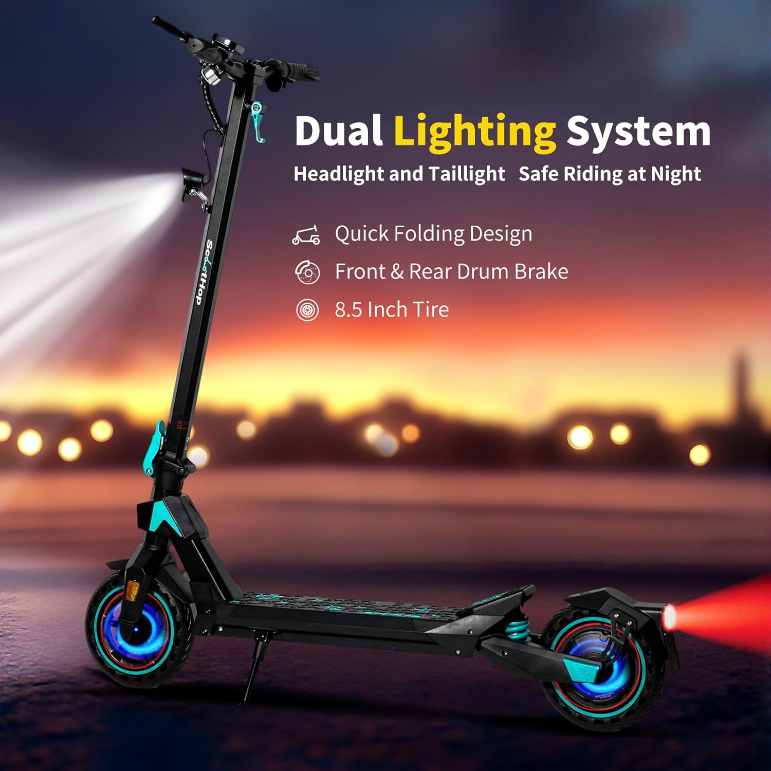 Scoothop G1 Electric Scooter at night, showcasing its dual lighting system with a bright headlight and a visible taillight, along with features like quick folding, drum brakes, and 8.5-inch tires.