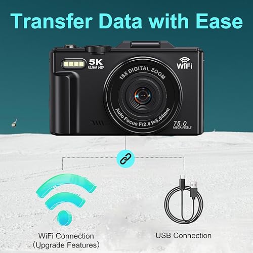 Miniatura 5 de Cámara digital 5K para fotografía - Cámara WiFi de 75MP para YouTube - Cámaras digitales UHD 18X Zoom con pantalla abatible de 3 pulgadas 180° -