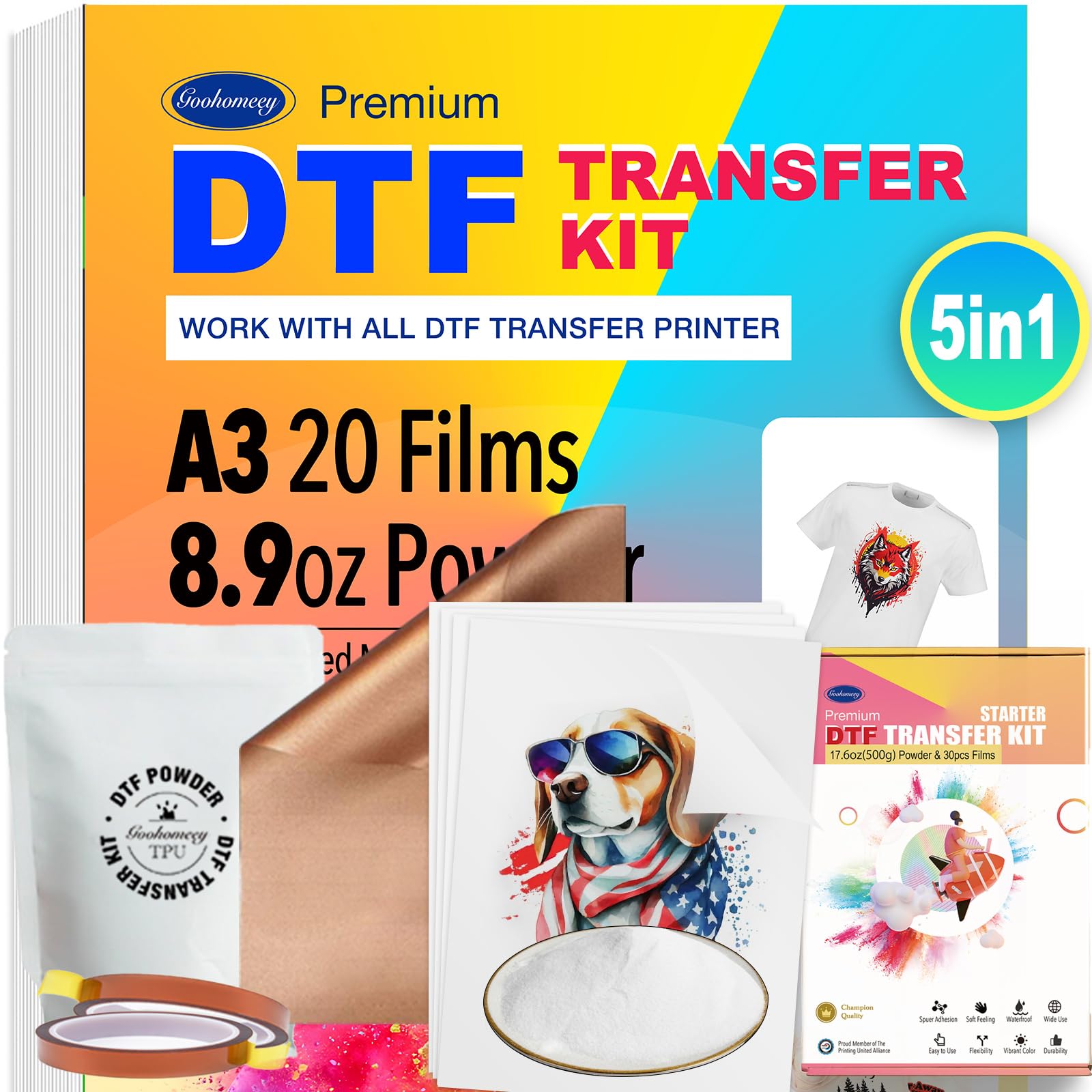 Transfer Film & Powder Kit - 30 A4 Sheets, 17.6oz White DTF Powder Ultr-Fine, Direct-to-Film Transfer for Any Fabric, Print your creativity on T-shirts (A3-White)