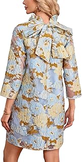 Women's Floral Jacquard Shift Dress Mini 3/4 Sleeve Ruffle Collar Bow Tie Elegant Cocktail Party Sheer Mesh Dresses
