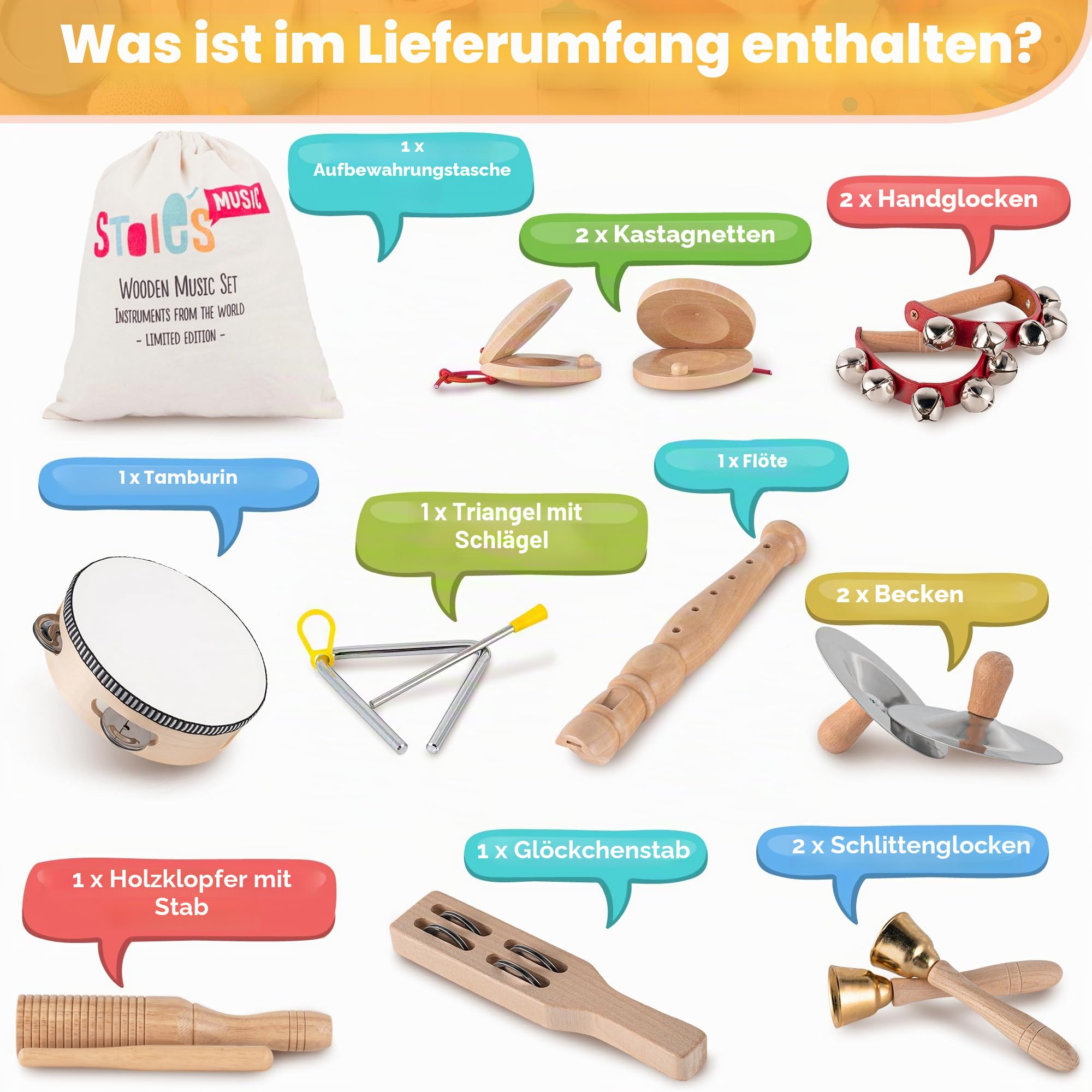 Stoie's Musikinstrumente für Kinder Ab 3 Jahre - Holz Montessori Instrumente, Baby Klanghölzer, Trommel Musikspielzeug