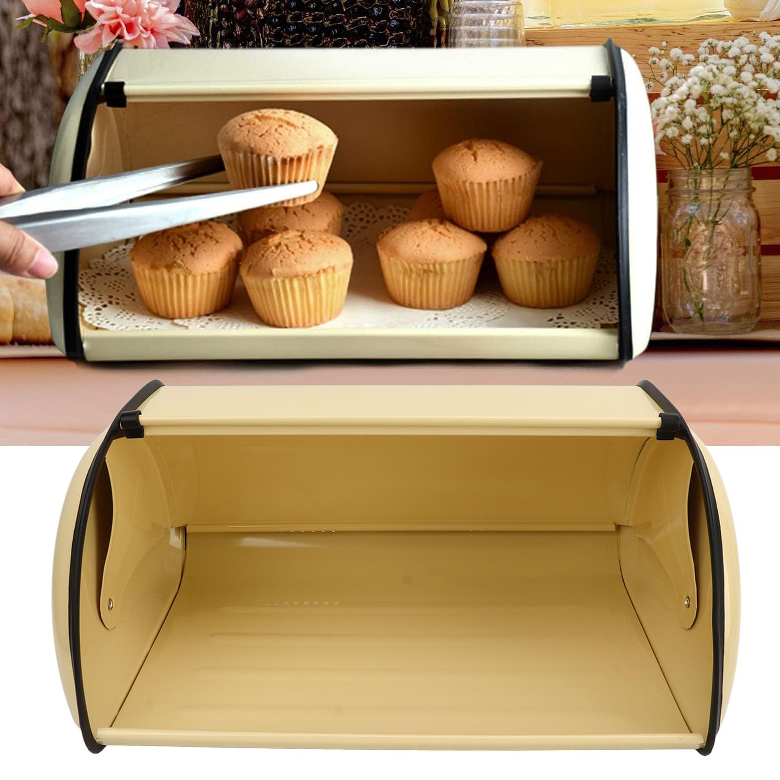 Portapane In Acciaio Inossidabile Con Coperchio Arrotolabile: Grande Capacità Per Piano Cucina, Colore Nero, 34x23x14.5 Cm