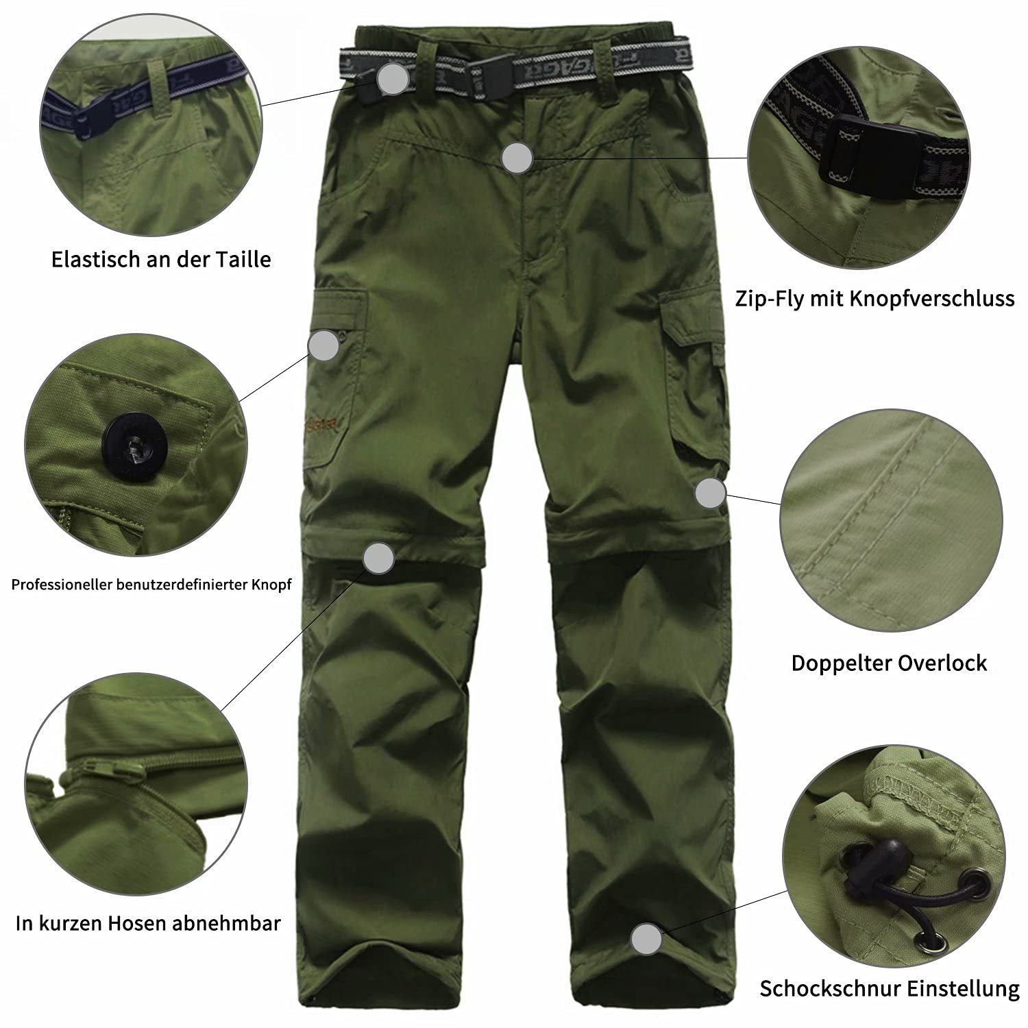 FLYGAGA Pantalones al Aire Libre para niños Senderismo con Cremallera Pantalones Cortos de Pierna Desmontables Trekking Unisex Chicas jóvenes de Verano con cinturón Transpirable de Secado rápido