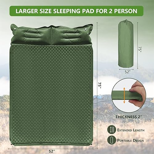Miniatura 2 de Colchoneta de dormir doble para acampar con almohada, colchón de espuma viscoelástica de 2 pulgadas para 2 personas, almohadilla de campamento