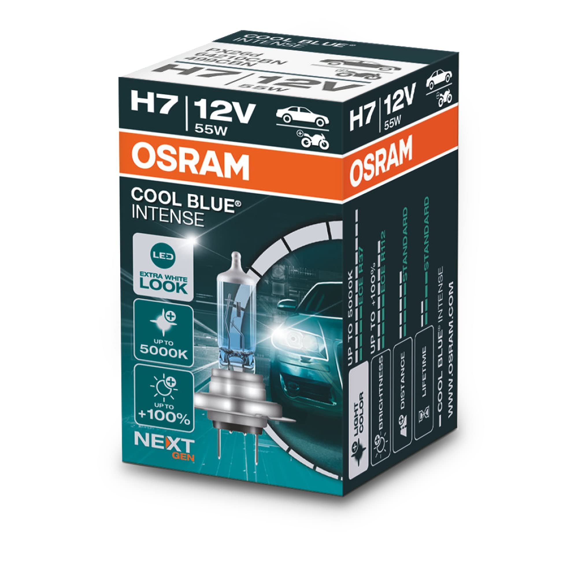 OSRAM COOL BLUE® INTENSE H7, +100% more brightness, up to 5,000K, halogen headlight lamp, LED look, Folding box (1 lamp)