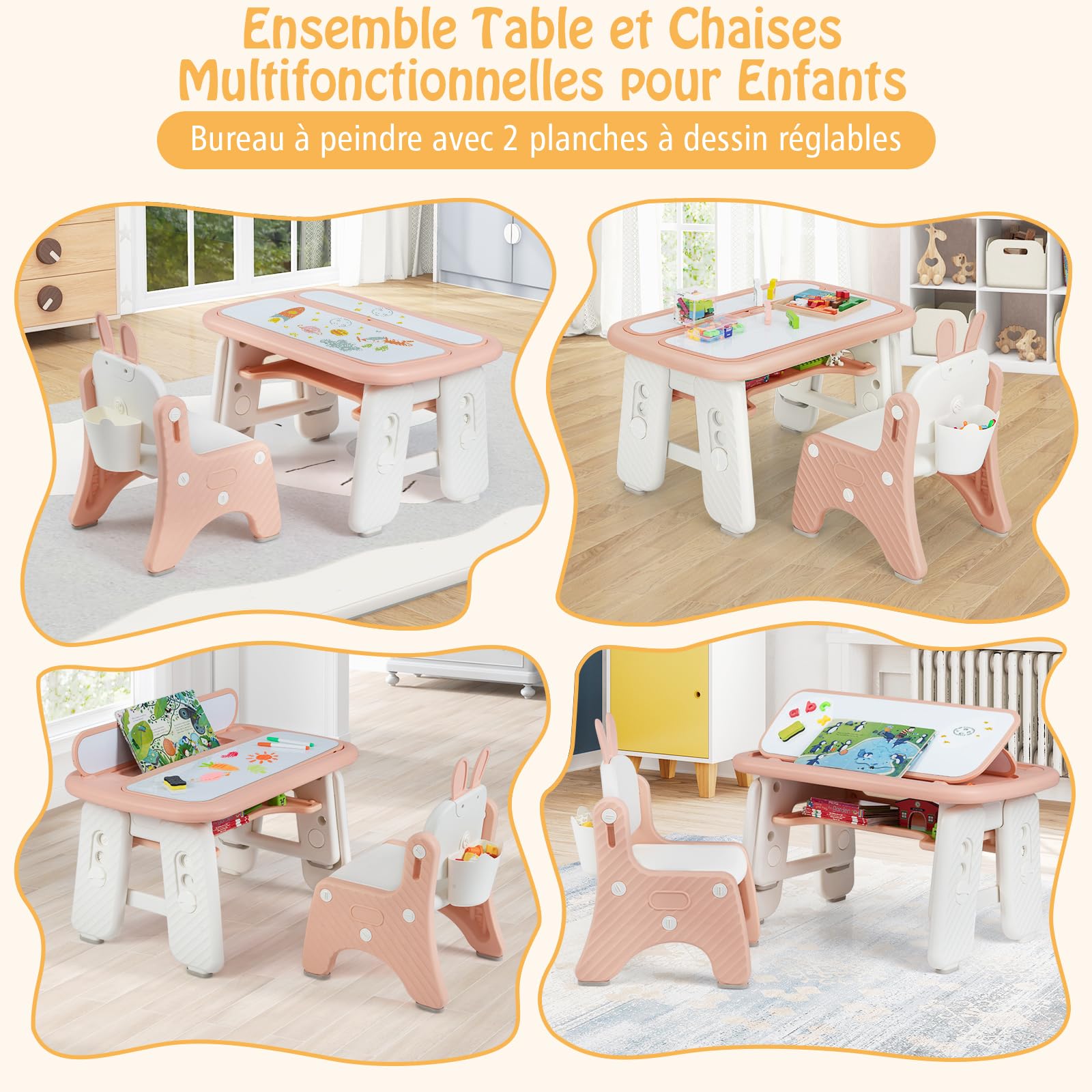 GOPLUS Table Enfant avec Chaise, Table de Dessin avec 2 Plateaux Réversibles, Tableaux Magnétiques, Panier de Rangement, Bureau d'Activités pour Lire, Dessiner, Manger (Rose)