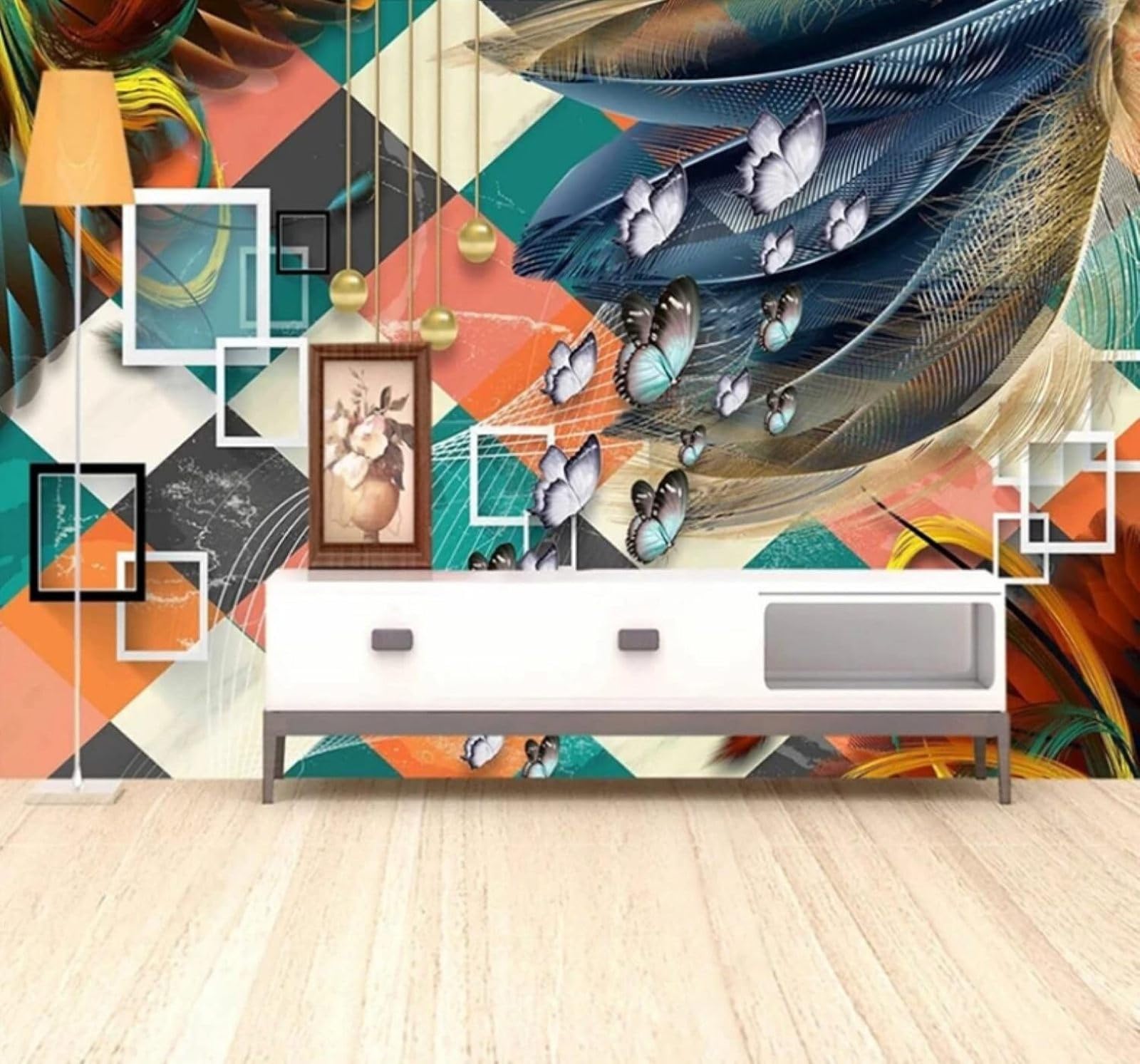 Wallpaper-3D-Xlm 350Cm×256Cm(B×H) Multicoloured Geometric Feathers Butterflies Marble Effect 3D Wallpaper Easy Install Feature Office Living Room Sofa Bedroom Tv Background Wall Decoration-350Cm×256Cm
