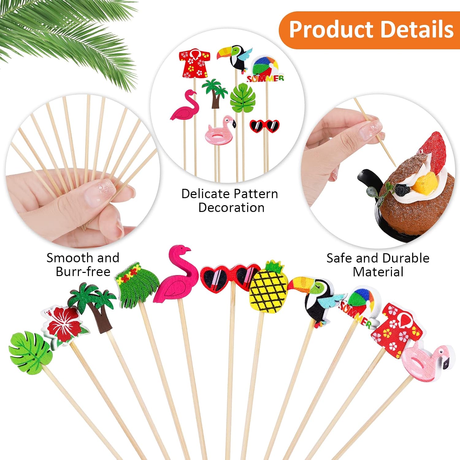 Breroa 200 Pieces Hawaiian Luau Assorted Picks Tropical Cocktail Bamboo Toothpicks Summer Pool Beach Cocktail Picks Hula Skirt Beach Ball Handmade for Appetizers Food Drinks Luau Hawaii Beach Party