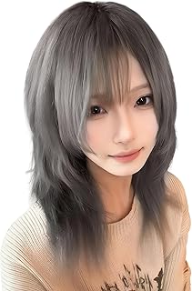 FESHFEN ウィッグ ミディアム セミロング ストレート 黒髪 レディース 自然 カツラ レイヤー 耐熱 ナチュラル フルウィッグ 女装 かつら 女性 wig うぃっぐ 小顔 可愛い ハロウィン サラサラ ぱっつん 原宿系 ネット/櫛付き アッシュグレー