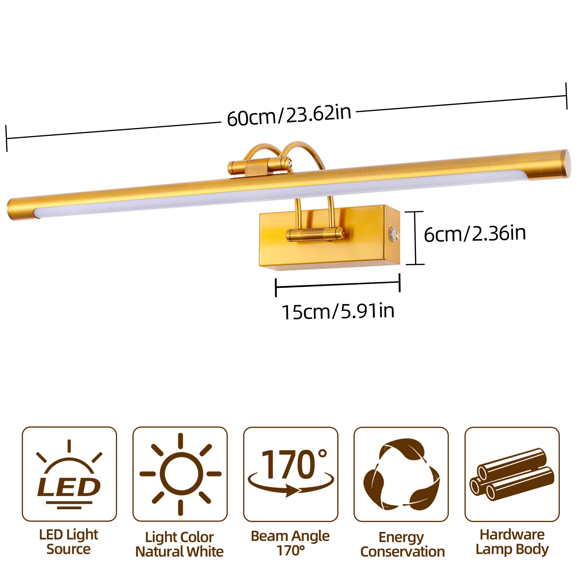 Lampe de miroir LED salle de bain 60 cm 12W 3 températures de couleur intensité variable interrupteur tactile pour Tableaux et Vitrines Laiton