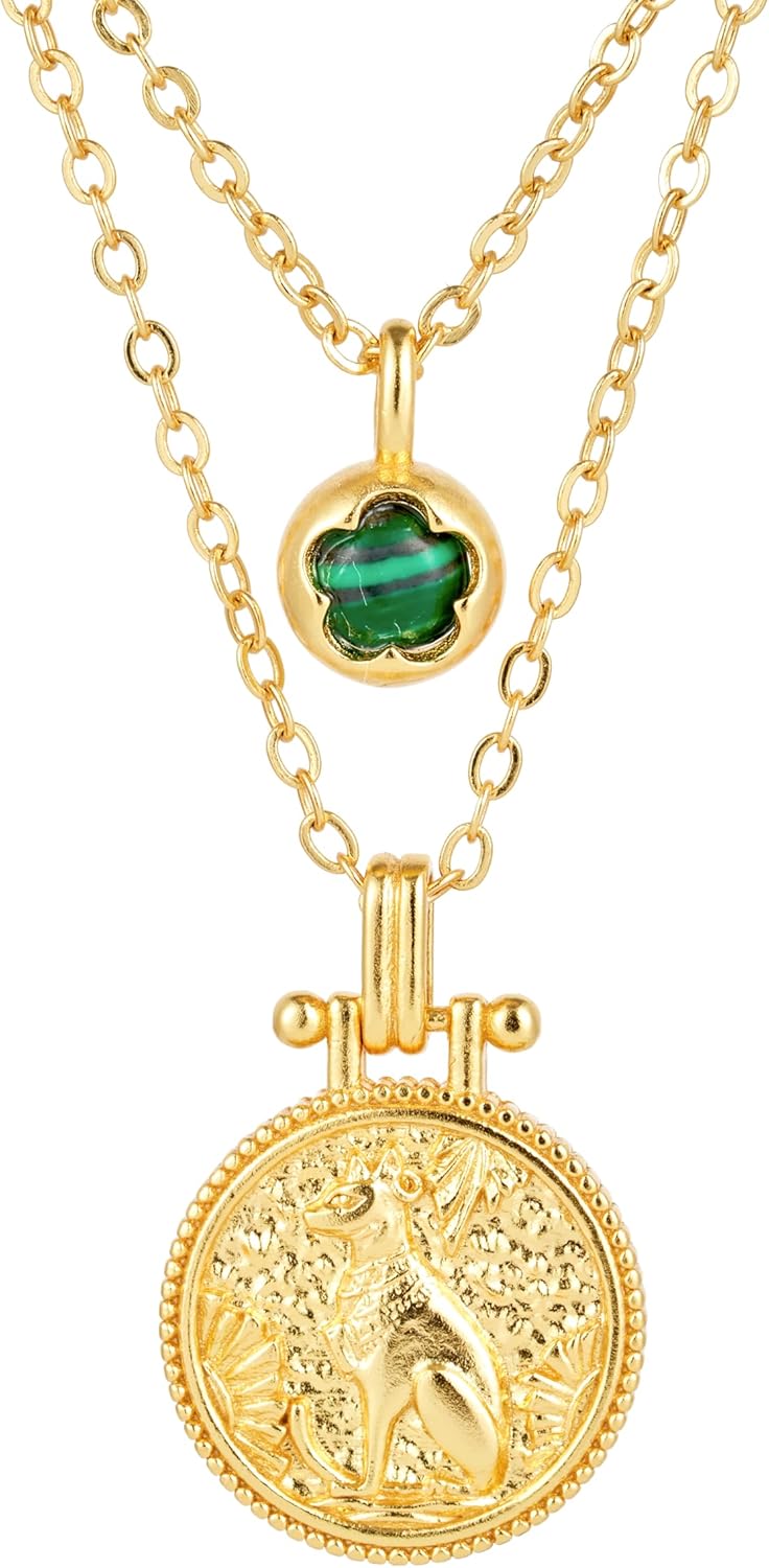 Egyptian Bastet Pendant Necklace Simulated Malachite Inlay Necklace 2pcs 18k Double Layer Stackable Necklace Ancient Goddess Amulet Greek Mythology Jewelry for Women Trendy Gift for Girlfriend Mother