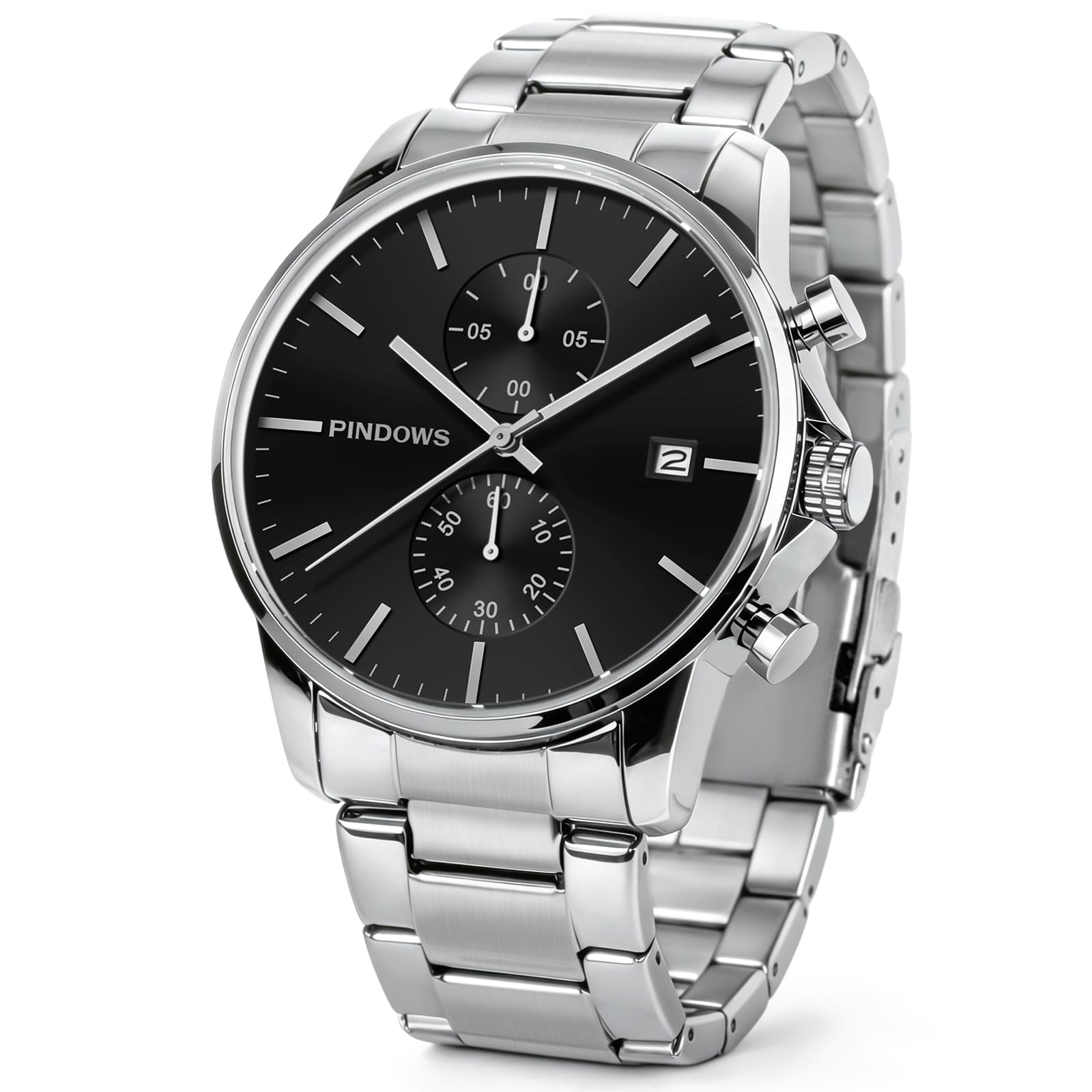 PINDOWS Schwarze Herrenuhr Minimalistischer Edelstahl Chronograph, Datum | 3ATM wasserdicht; Verstellbares Metallarmband mit Werkzeug; Perfekt für Business und Freizeit; Klares Datum
