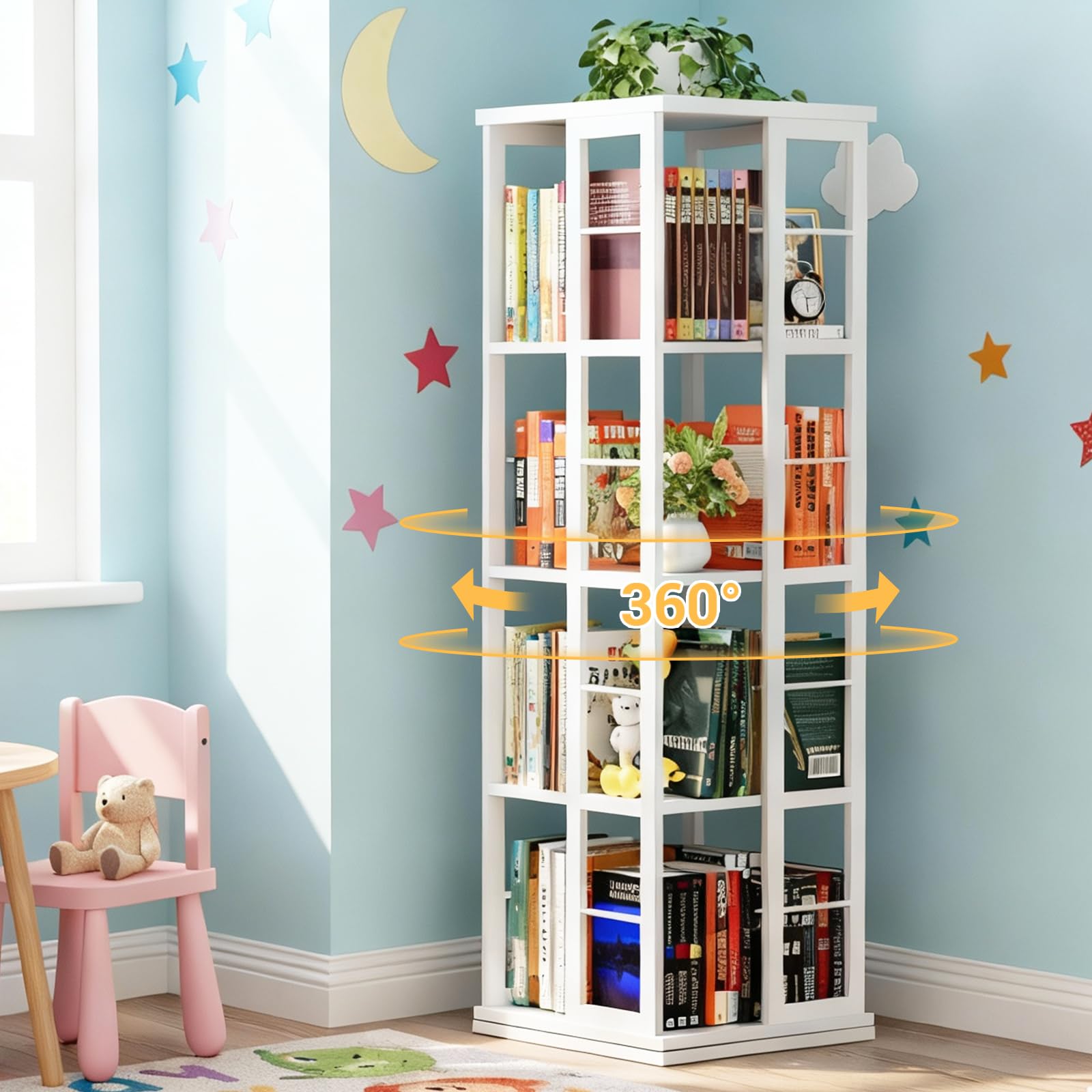 Cyclysio Rotating Bookshelf, 5-Tier Corner Bookcase, 360° Spining Book Shelf, Narrow Book Shelf, Saving Space Organizer Storage Rack for Study Room, Bedroom, Living Room, Black