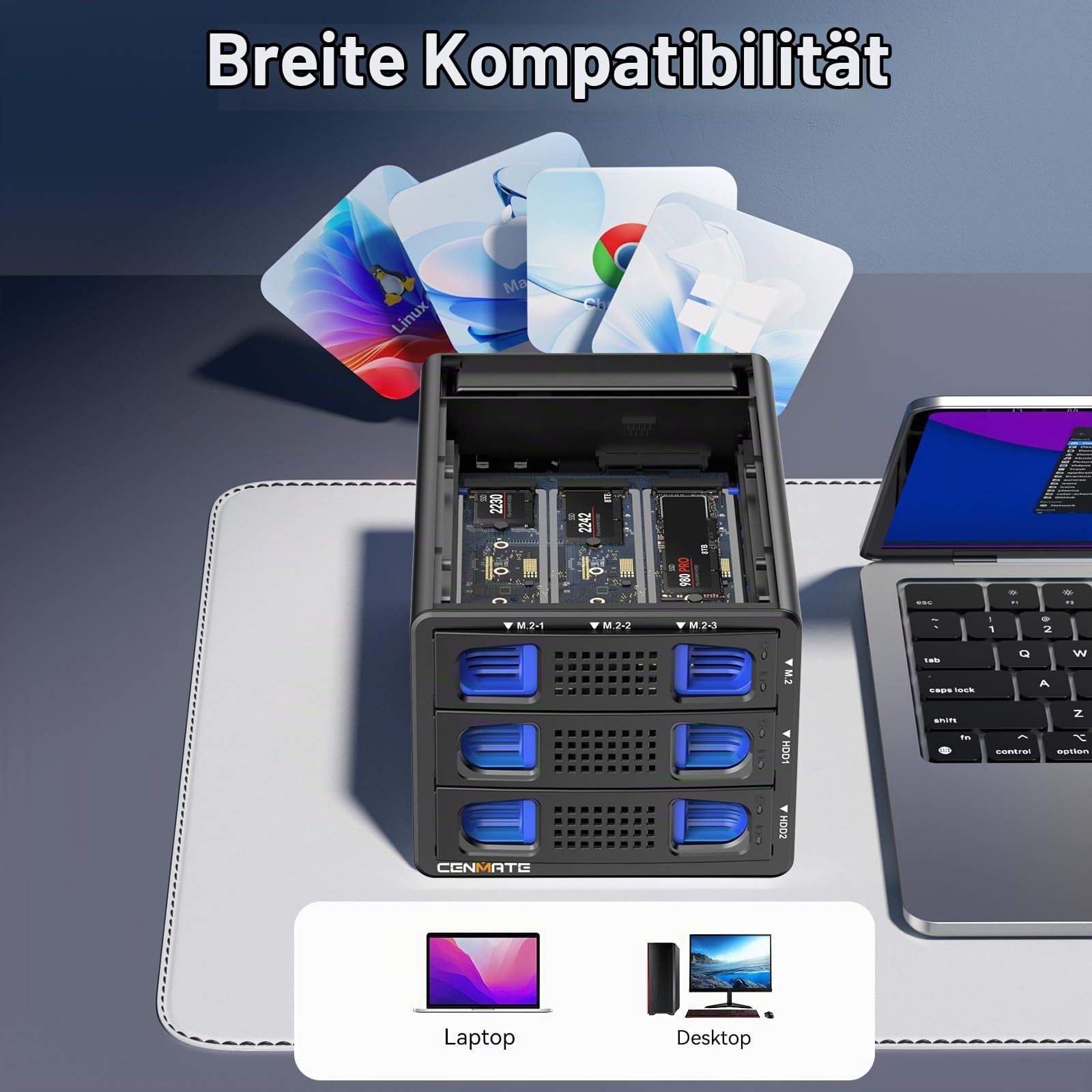 CENMATE Hybrid 5 Bay 3.5/2.5" SATA HDD/SSD + M.2 NVMe Gehäuse mit Lüfter, USB3.2 Gen2 10Gbps Festplattengehäuse unterstützt M / B+M Key 2230/42/60/80/110 SSD
