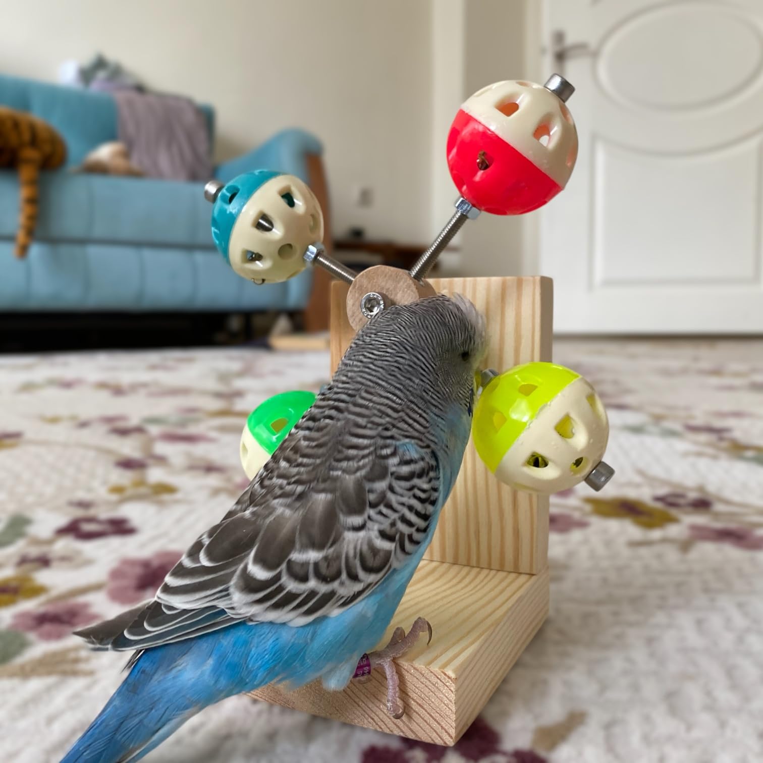Rotating Interactive Wooden Toy with Bell Balls for Birds, Budgies, Budgerigars, Parakeets, Parrots, Cockatiels, Parrotlets, Lovebirds, Ringnecks, Conures