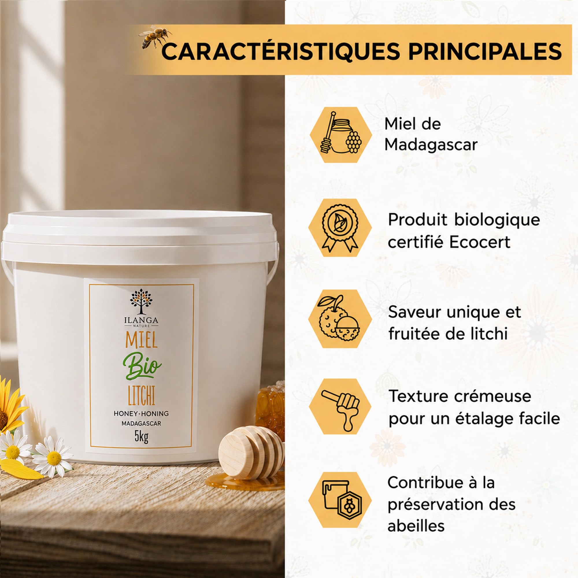 Ilanga Nature - Miel de Litchi BIO - 100% pur - Seau de Miel 5 kg - Format Famillial - Miel de Madagascar