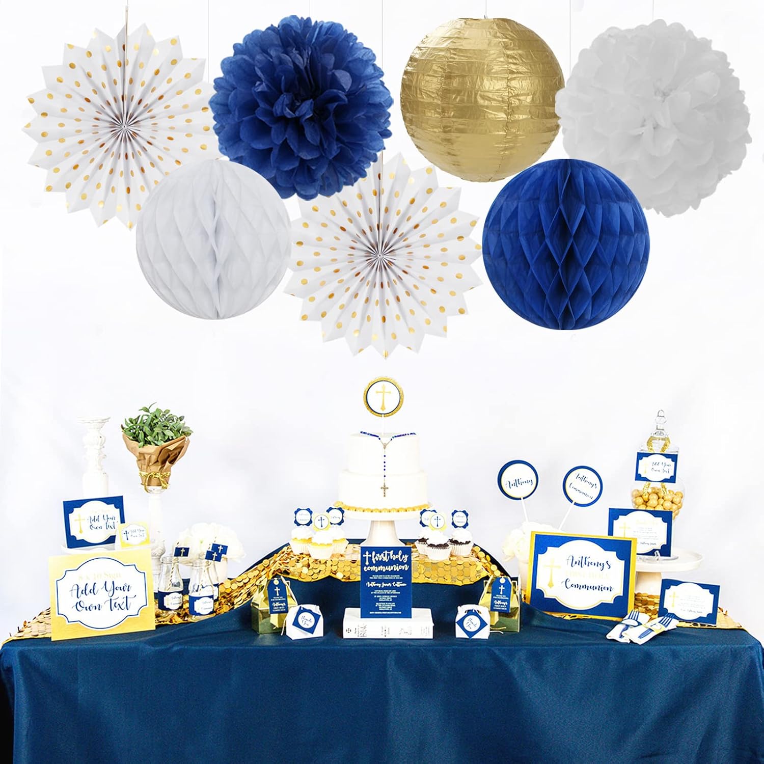 Navy-Blue White Gold Party Decorations - 14pcs Kits Paper Lanterns Fan,Tissue Flower Pom Poms Streamers,Honeycomb Balls,Graduation 2025 Men Birthday Wedding Baby Bridal Shower Decor Lasting Surprise - Image 7