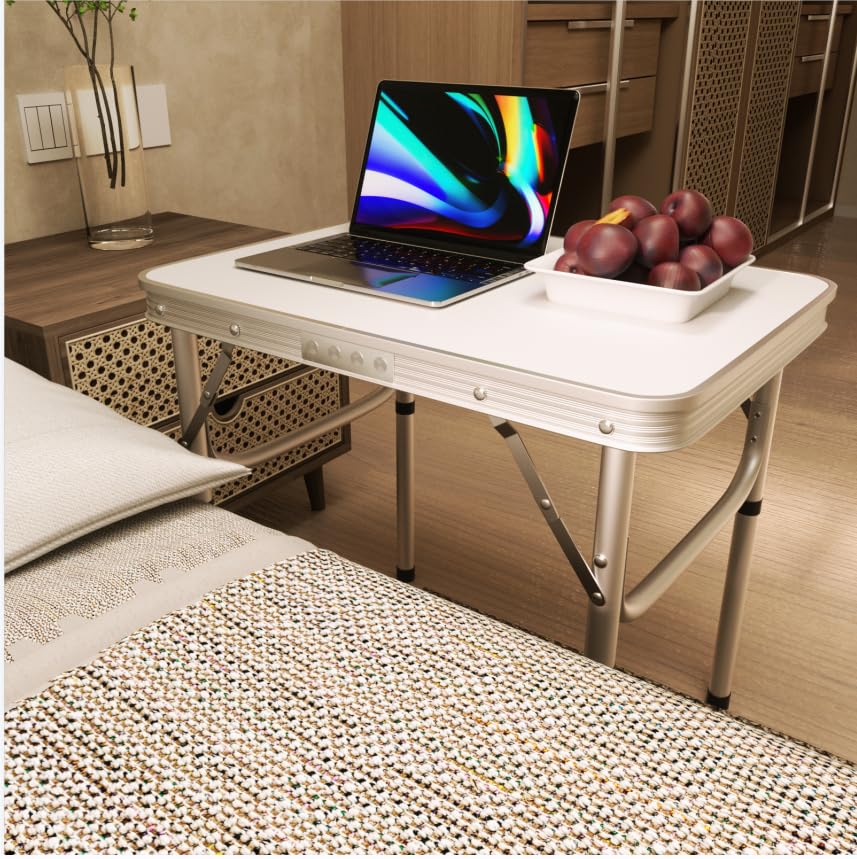 Table De Camping Pliable 2 Hauteurs – 75×55 Cm, Aluminium & Plastique HDPE, Blanche – Idéale Intérieur/Extérieur, Pique-Nique, Jardin, Marché