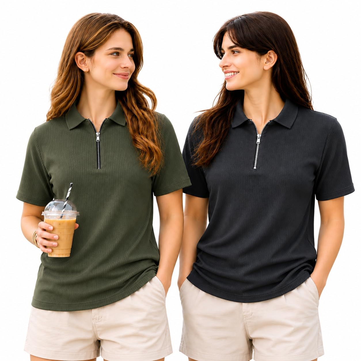 mack jonney Women's Regular Fit Ribbed Half Zip Polo T-Shirt | Cotton Blend | Collared Neck | Half Sleeve Casual Top (Pack of 2)-MJ-478-picture-30