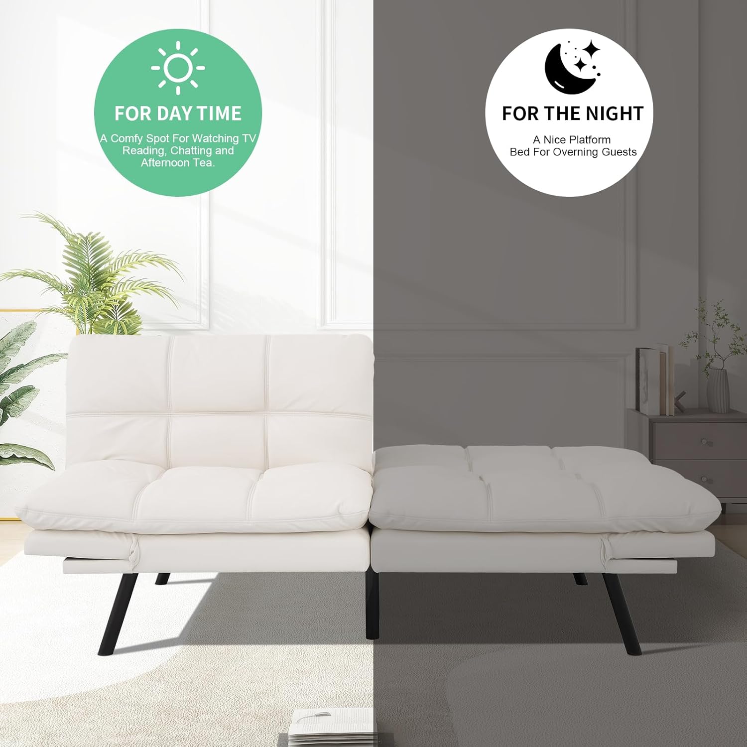 MUUEGM Futon Couch with 71" Adjustable, High Density Memory Foam Futon Sofa Bed, Modern Design Sofa Bed for Living Room Sleeping and Relaxing(Leather White)