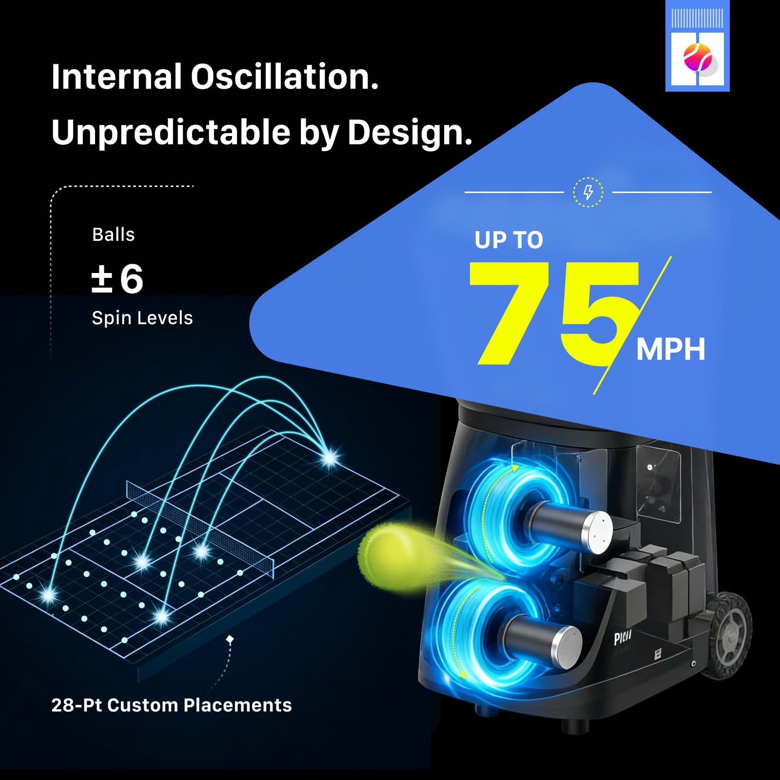 PUSUN PT-Smart Pro Internes Oszillations-Tennisball-Maschine: App-Steuerung, 12 Trainingsmodi, 75 MPH, 5H Akku, tragbar für Tennis & Padel für Anfänger bis Profis