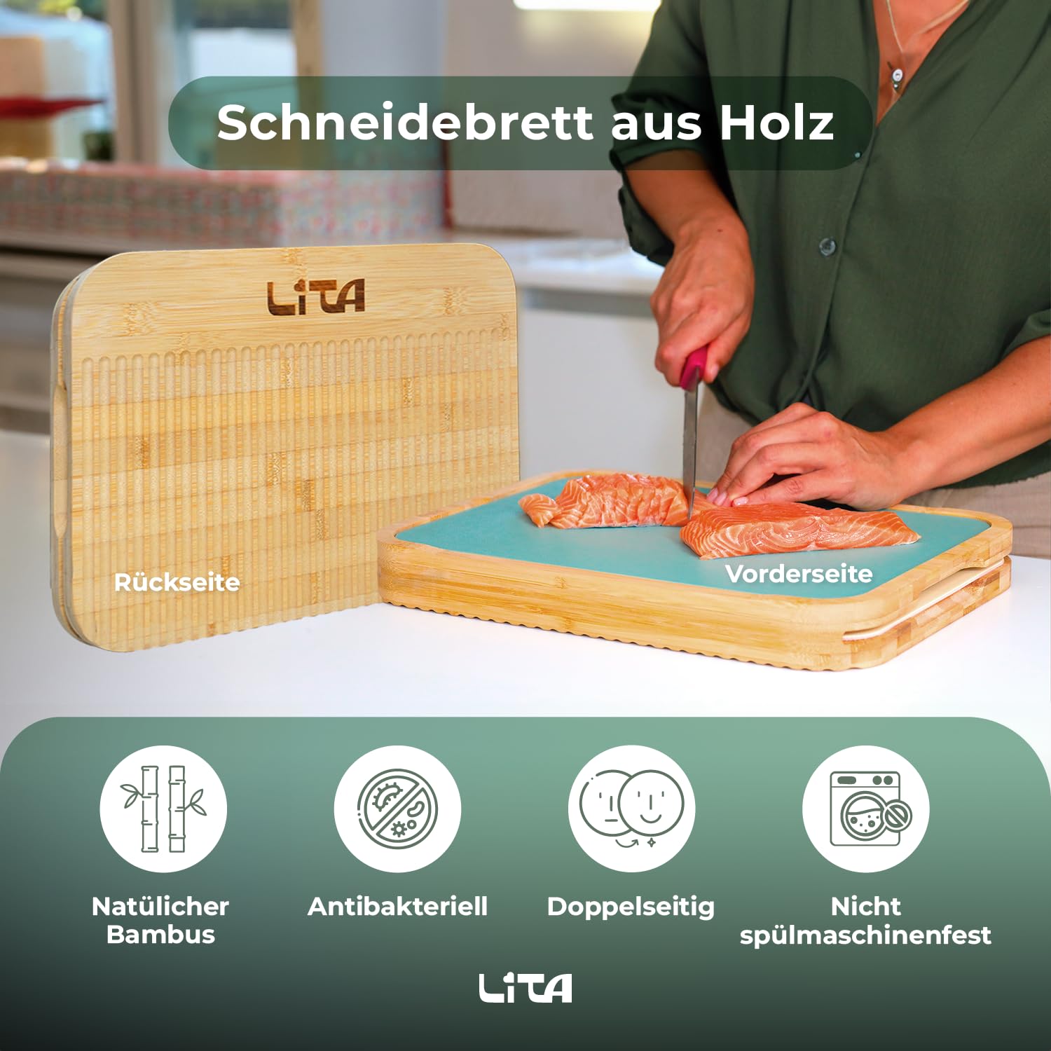 Schneidebrett Bambus XL - Doppelseitiges Holzschneidebrett mit 3 Austauschbaren PP-Schneidematten BPA-Frei - Antibakteriell & Rutschfest für Fleisch, Gemüse, Brot - LITA