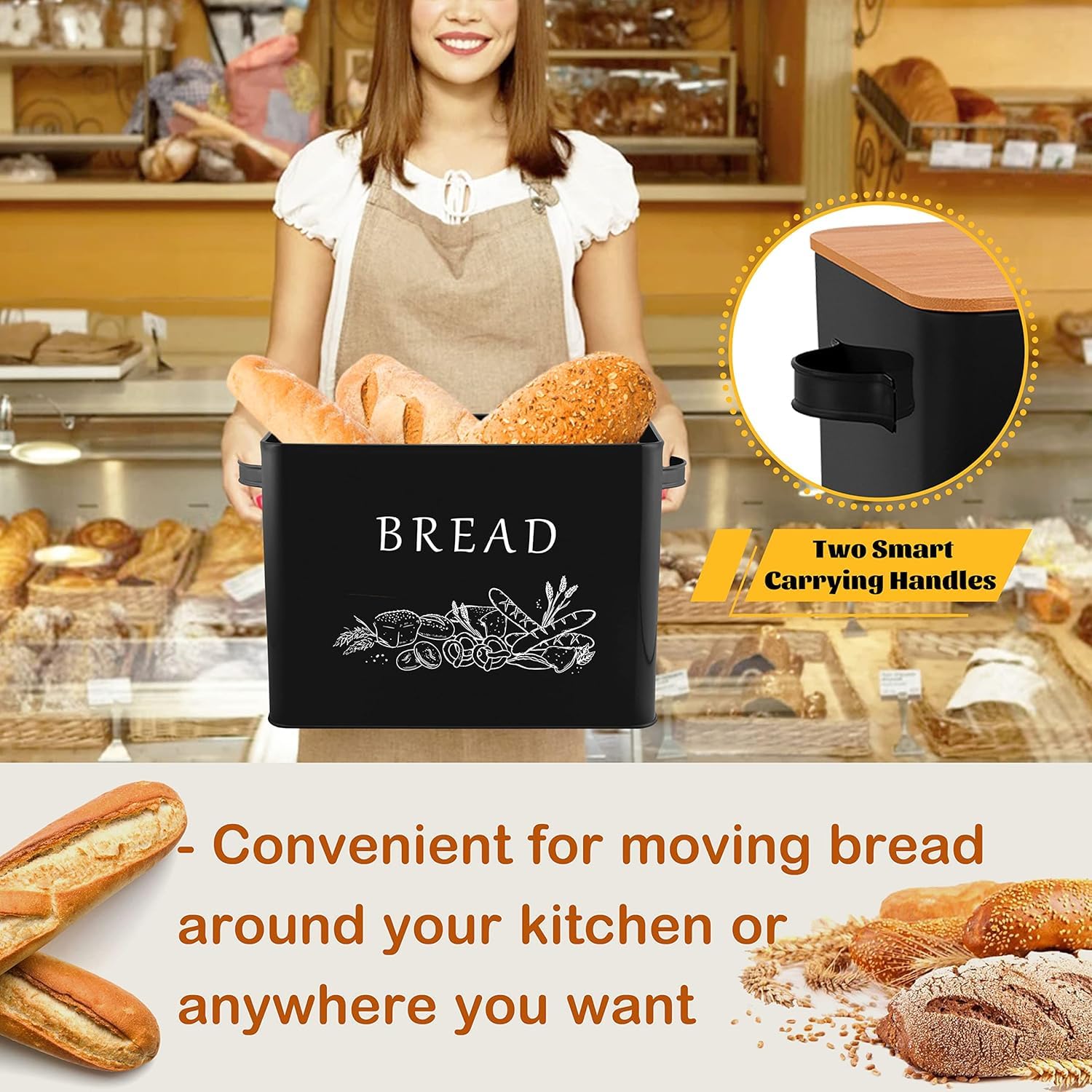 E-far Panera para encimera de cocina, contenedor de almacenamiento de pan de metal con tapa de bambú para cortar pan, extragrande y estilo granja, 13 x 7.2 x 9.8 pulgadas, negro