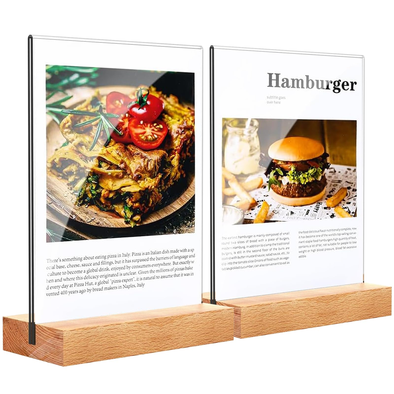 Maridergo 2 Pieces A4 Acrylic Sign Holder with Wooden Base, A4 Clear Menu Holders Double-Side Table Display Stand Poster Holder, T-Shape Perspex Display Holder for Restaurants, Hotels, Store, Office