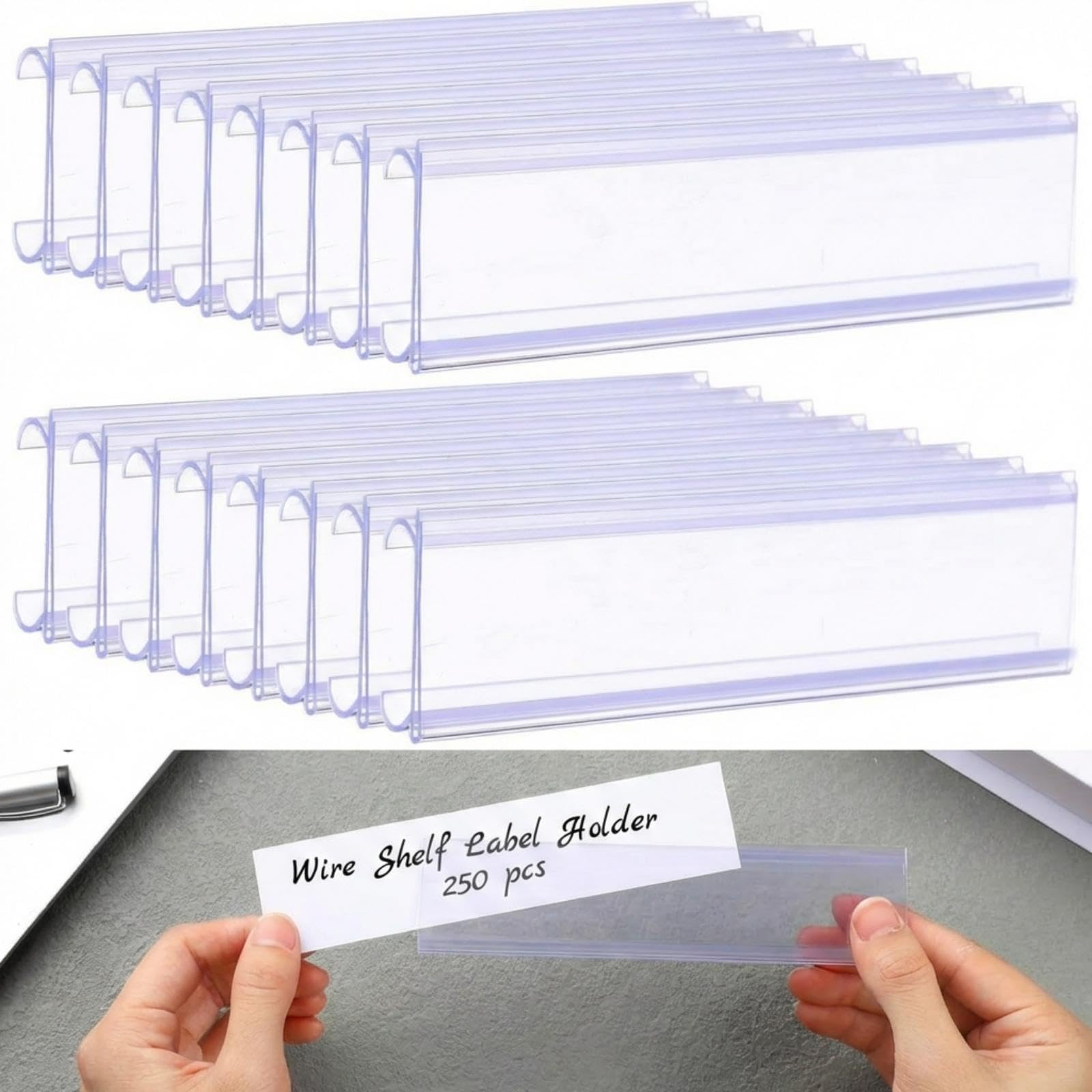 Kathfly 250 Pcs Wire Shelf Label Holder 6"x1.25" Extended Clear Rack Ticket Label Holder with Paper Insert Area Plastic Basket Clips on Compatible with 1-1/4 Inch Shelf Tags Thick