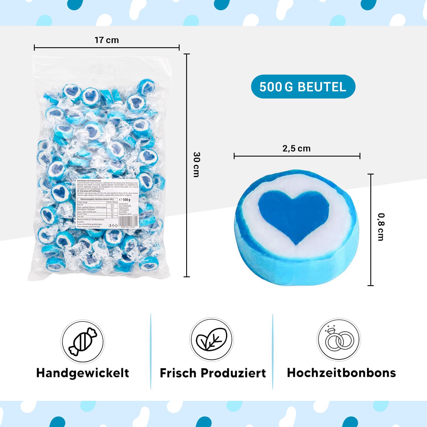 Boniki w kształcie serca na wesele, chrzest, komunię, 500 g, ręcznie zwijane cukierki rockowe z sercem – dekoracja stołu, prezent dla gości (niebieski)