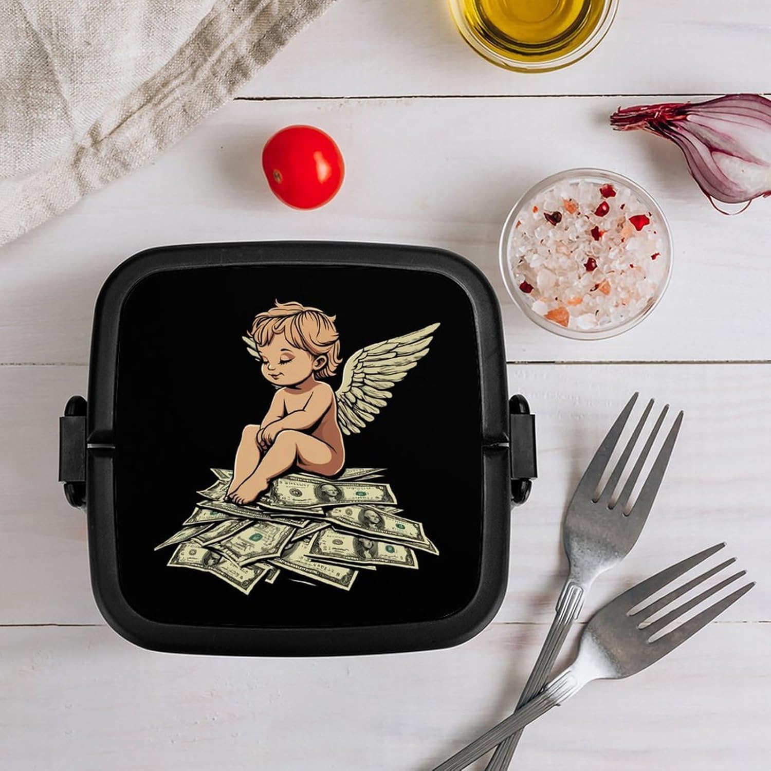 Angeles Dollar Money Print Bento Box with Spoon 2 Layer Food Container Cute Lunch Box for Travel Dining Work