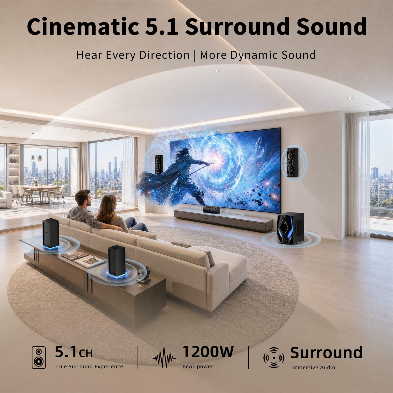 Bobtot Surround Sound Systems Sistema Home Cinema - Potenza di picco 1200 Watt Subwoofer 5.1/2.1 con cavo audio stereo forte altoparlante con ingresso HDMI ARC ottico AUX