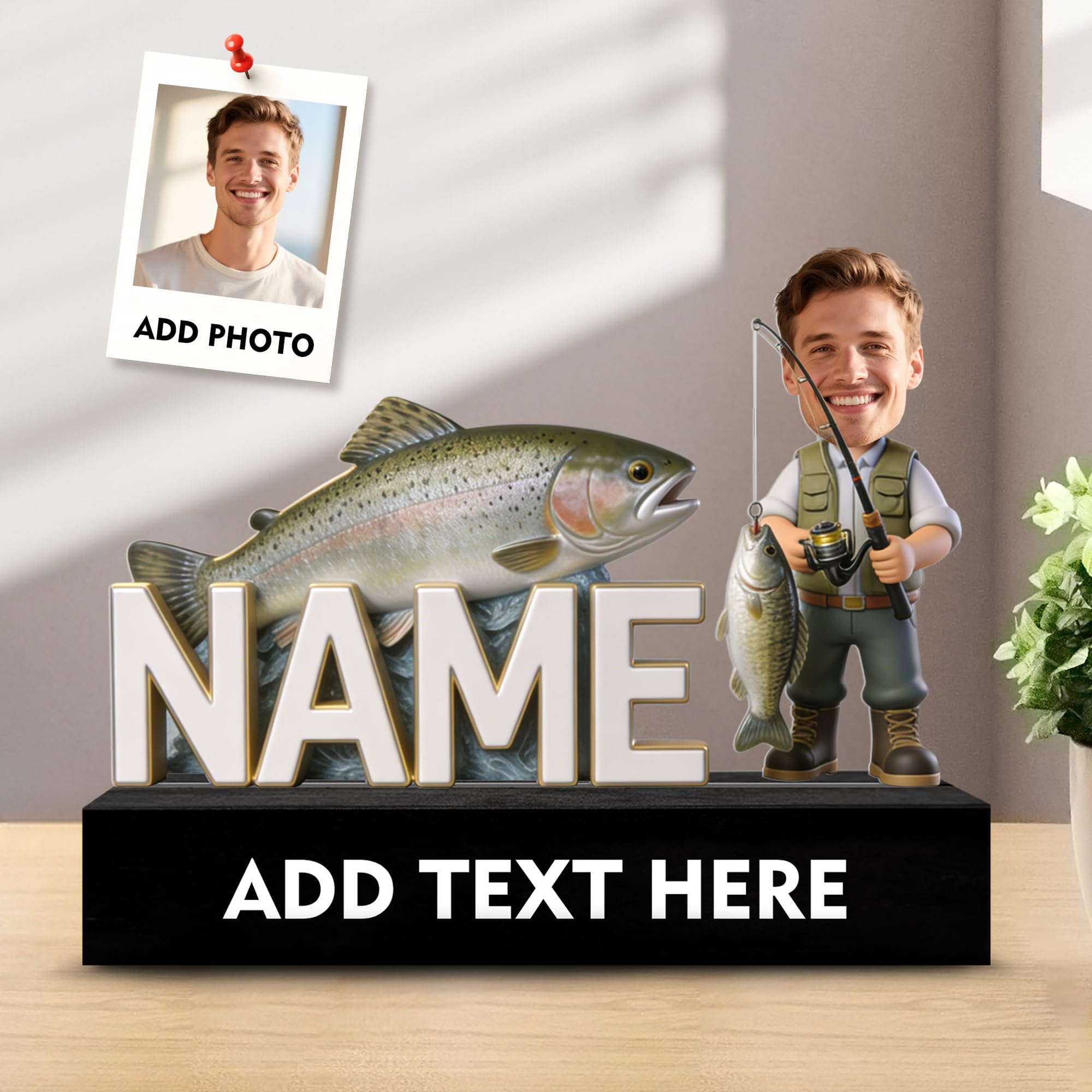 SosnSusn Personalized Fishing Figurine Acrylic Desk Ornament, Custom Photo Figures Cartoon Style Name Plate for Desk Desktop Decor Plaque Home Decor Gift’s For Fathers And Fishing Enthusiasts