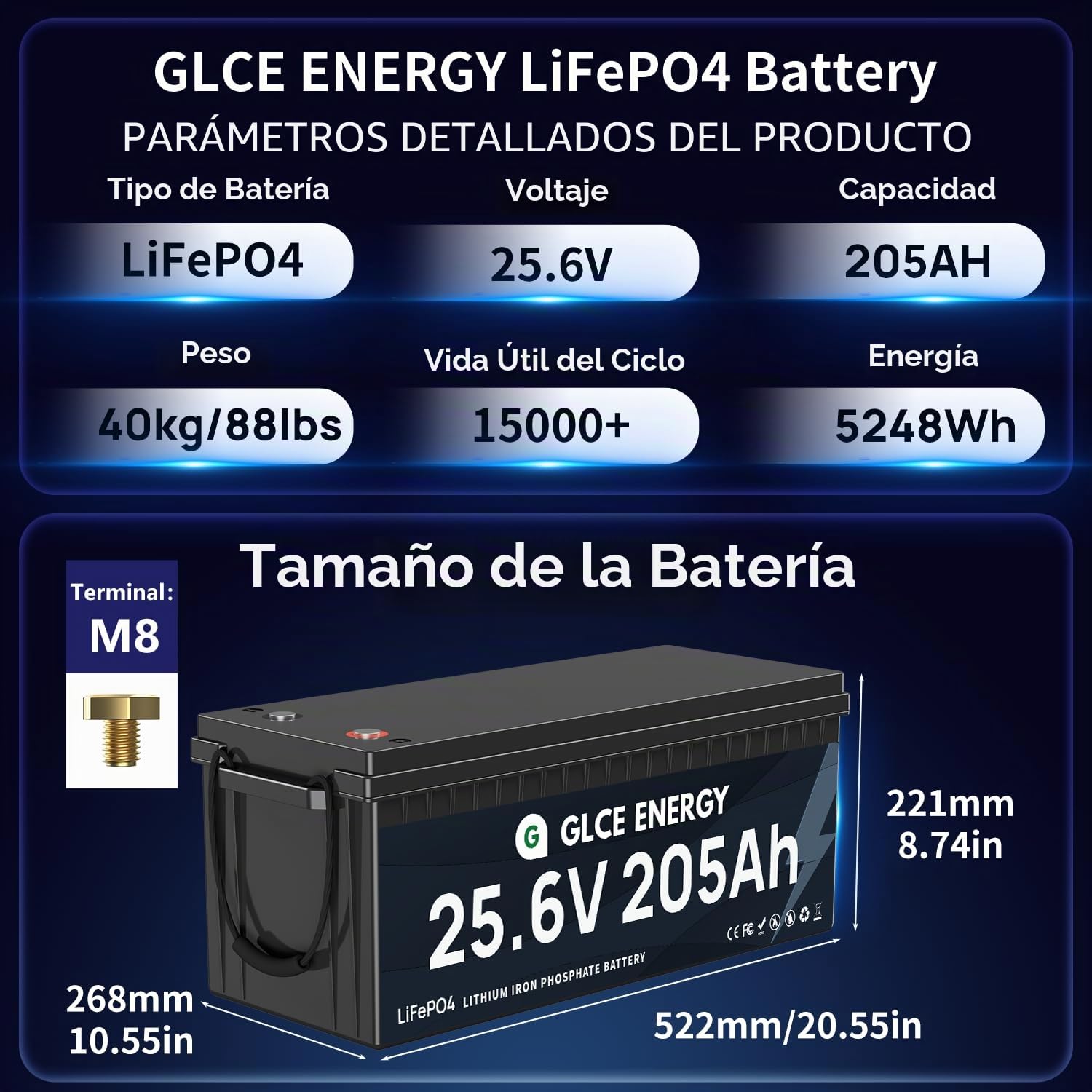 Batería LiFePO de 24 V 205 Ah con Bluetooth BMS de 200 A, 4000 – 15000 ciclos, 5248 Wh de alta capacidad, batería de ciclo profundo para autocaravanas, sistemas solares y aplicaciones
