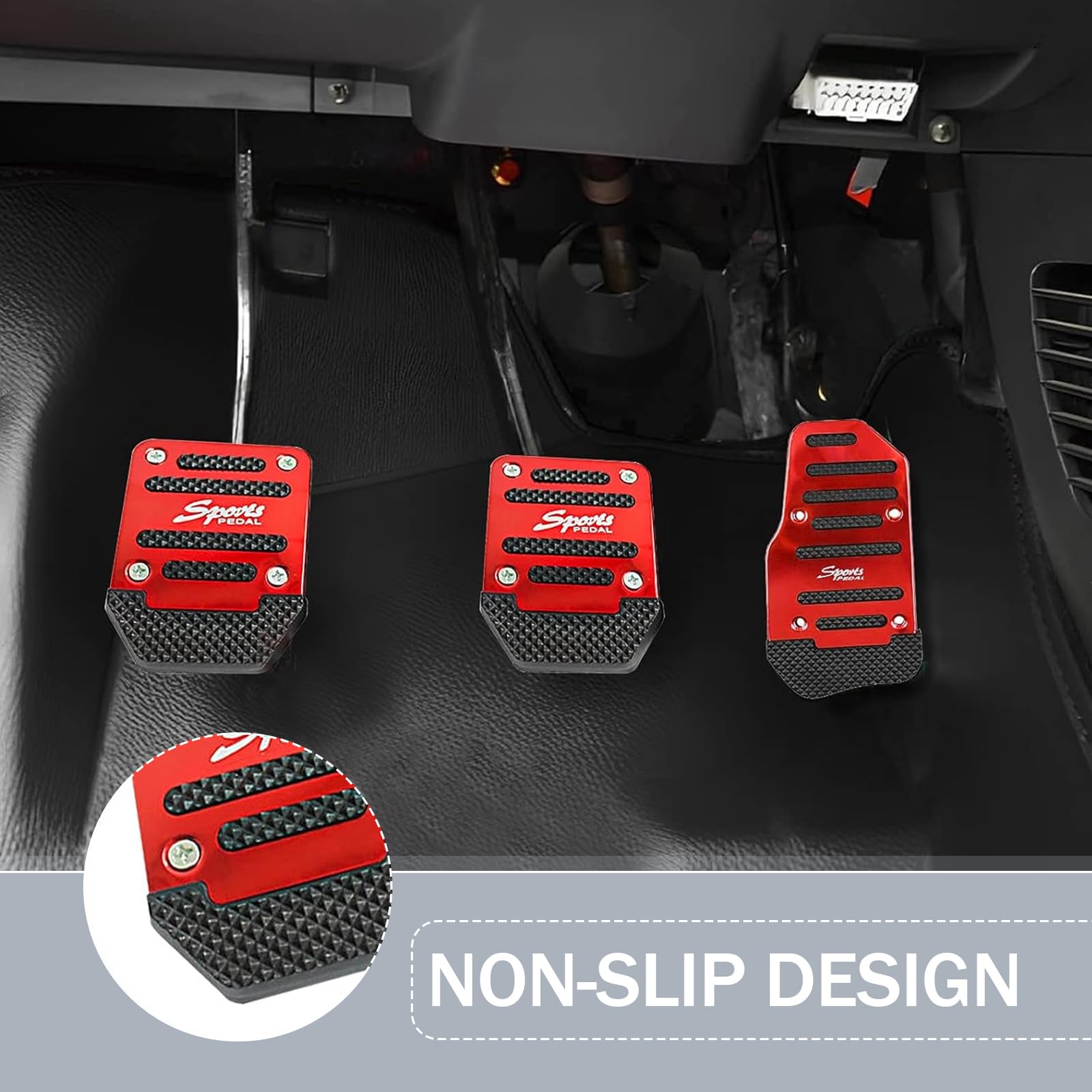 3 PCS Car Throttle + Brake + Clutch Pedal Kit, Thickened Alloy + High Elastic Striped Rubber Anti-Slip Transmission Pedal Cover Anti-Friction Pedal, for Most Manual Transmission Cars (Red)