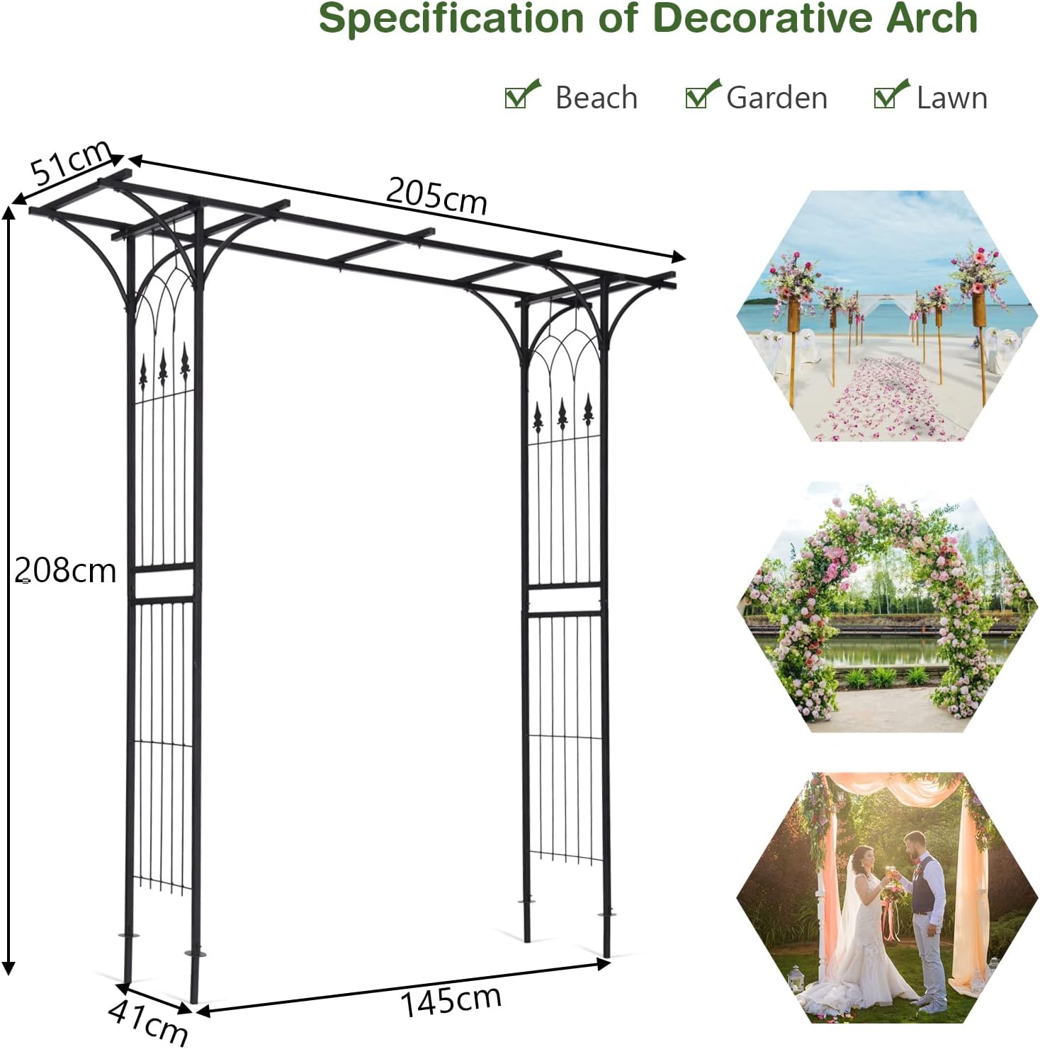 TANGZON 205/208CM Garden Arch, Heavy Duty Metal Frame Pergola Arbor Trellis, Outdoor Plants Roses Vines Climbing Plants Support Archway for Wedding Party Lawn Walkway (Black, 205 x 51 x 208cm)